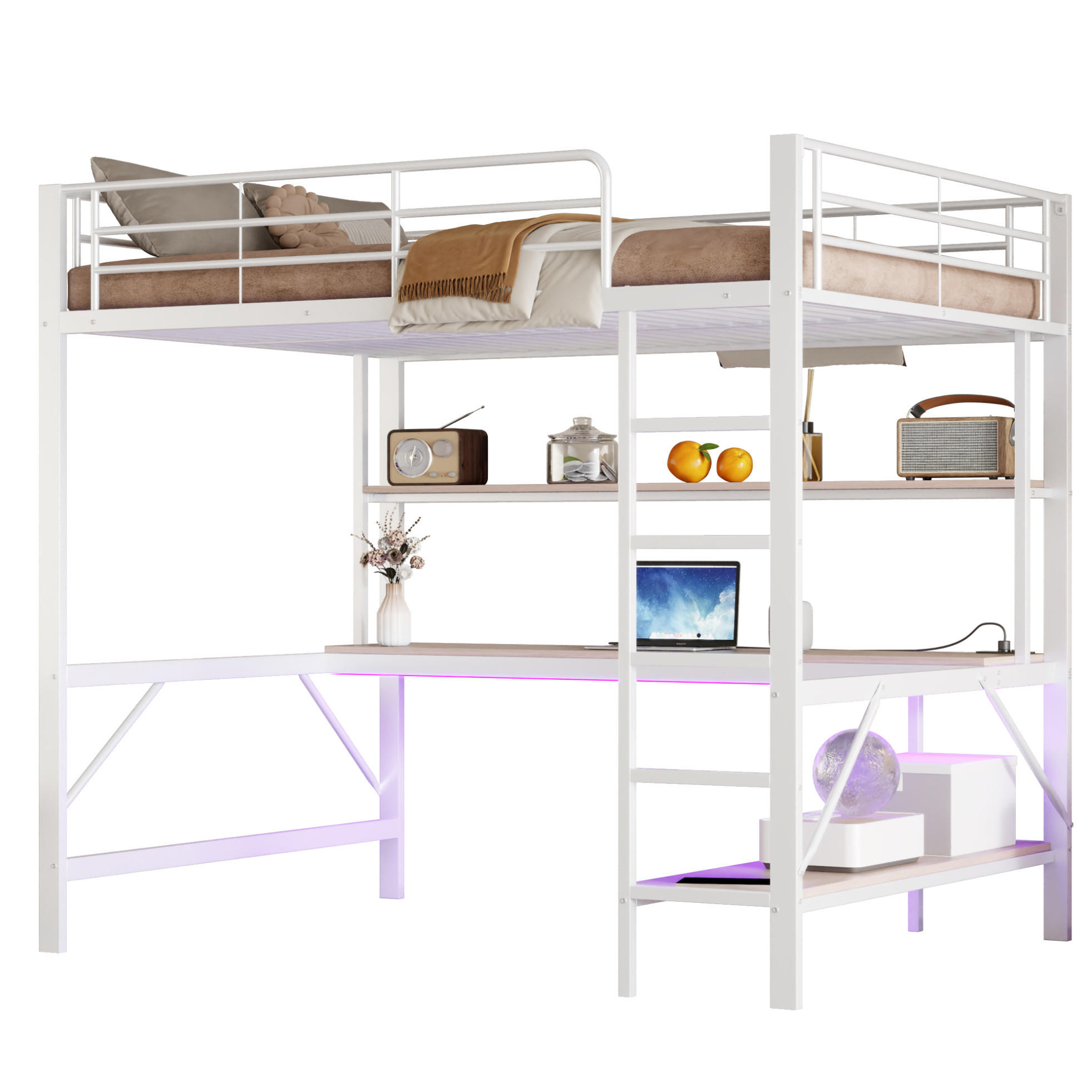HOCHBETT 140/200 cm mit Schreibtisch, Regal, USB, Steckdose und LED-Beleuchtung aus Metall/MDF, Weiß - Weiß, Metall (140/200cm) - Redom