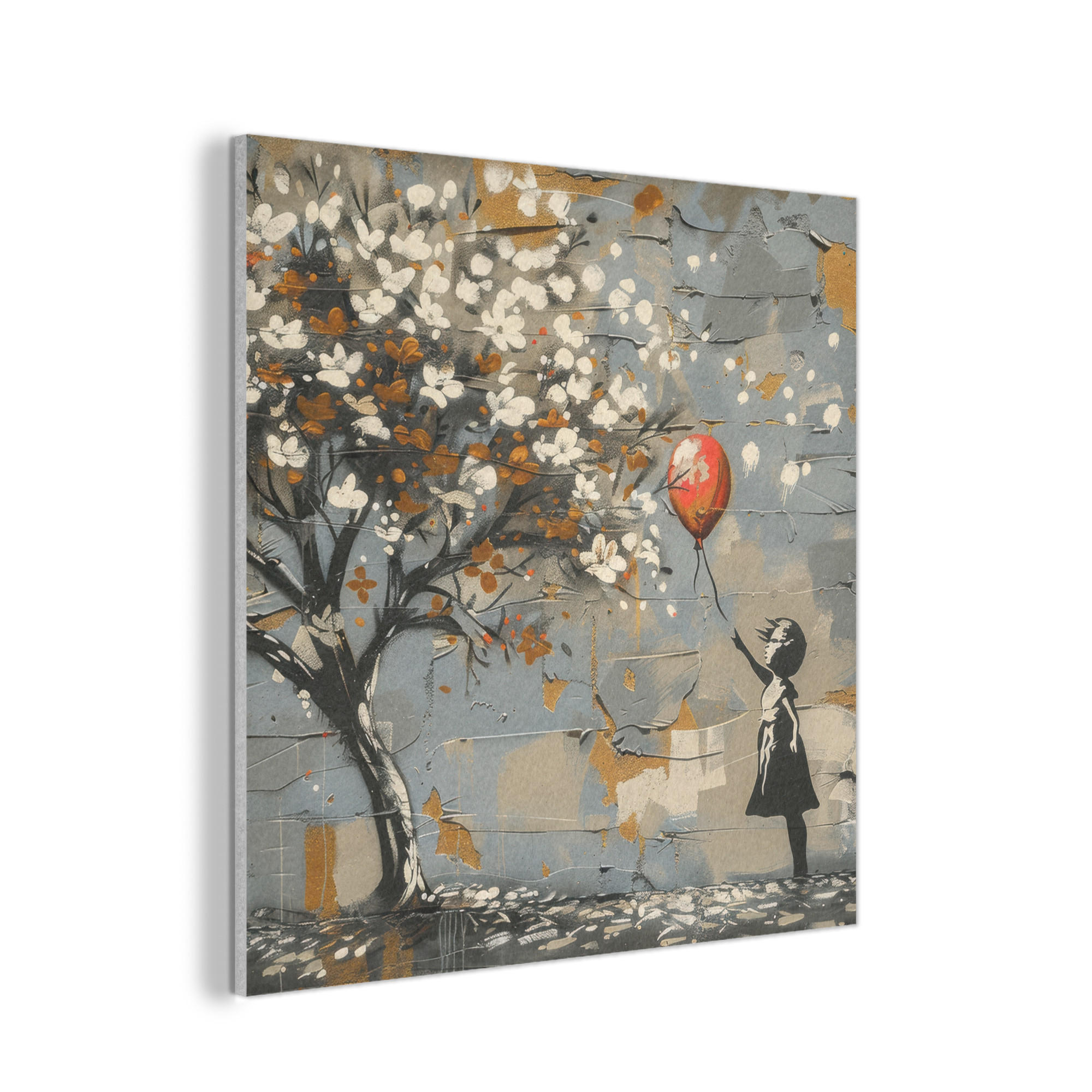 AKUSTIKPANEEL Baum - Graffiti - Banksy-Stil - Ballon-Mädchen 90x90 cm - Blaugrau, Textil (90/0.9/90cm) - MuchoWow