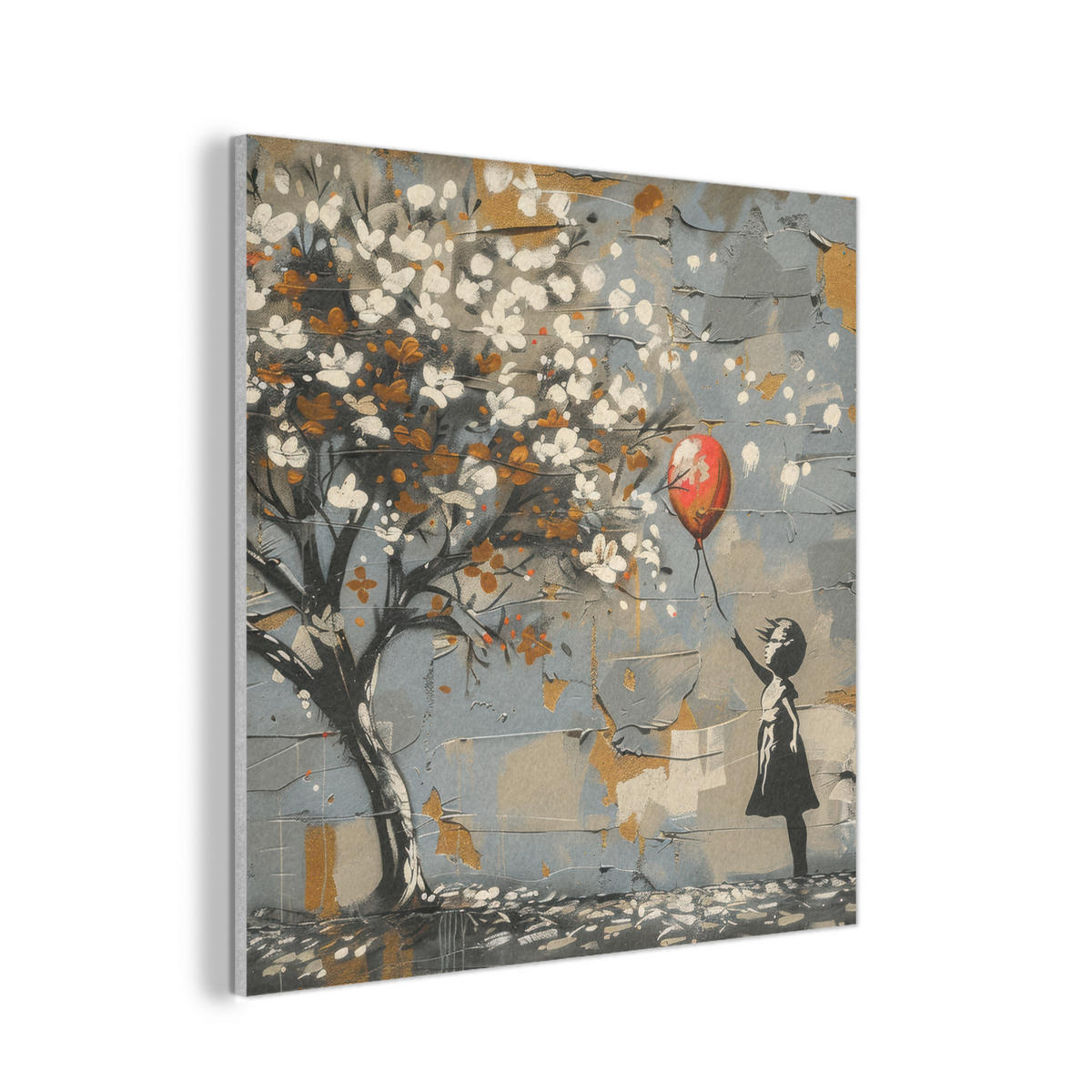 AKUSTIKPANEEL Baum - Graffiti - Banksy-Stil - Ballon-Mädchen 90x90 cm - Blaugrau, Textil (90/0.9/90cm) - MuchoWow