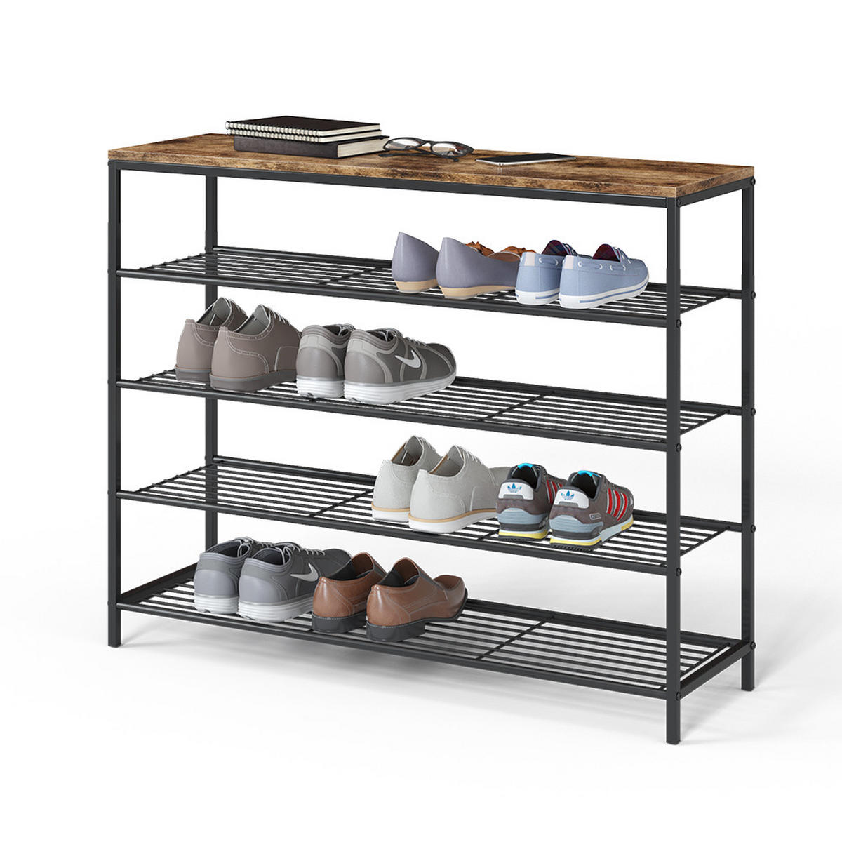 SCHUHBANK Fyrk Eiche rustikal 100 x 80 cm - Wildeiche/Schwarz, Holzwerkstoff (100/80/30cm) - Vicco