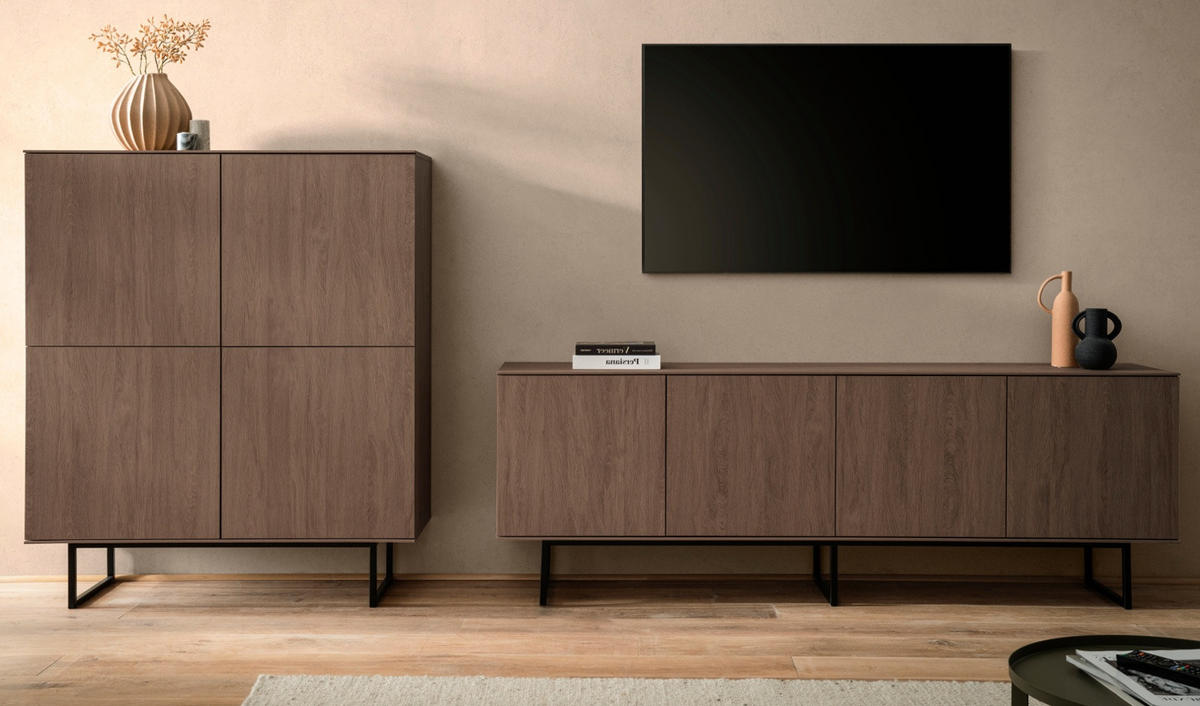 WOHNWAND in Nussbaum 2-teilig 330 cm, Komplett-Set mit Push-to-Open - Nussbaumfarben/Schwarz, Holzwerkstoff/Metall (330/137/40cm) - Furn.Design