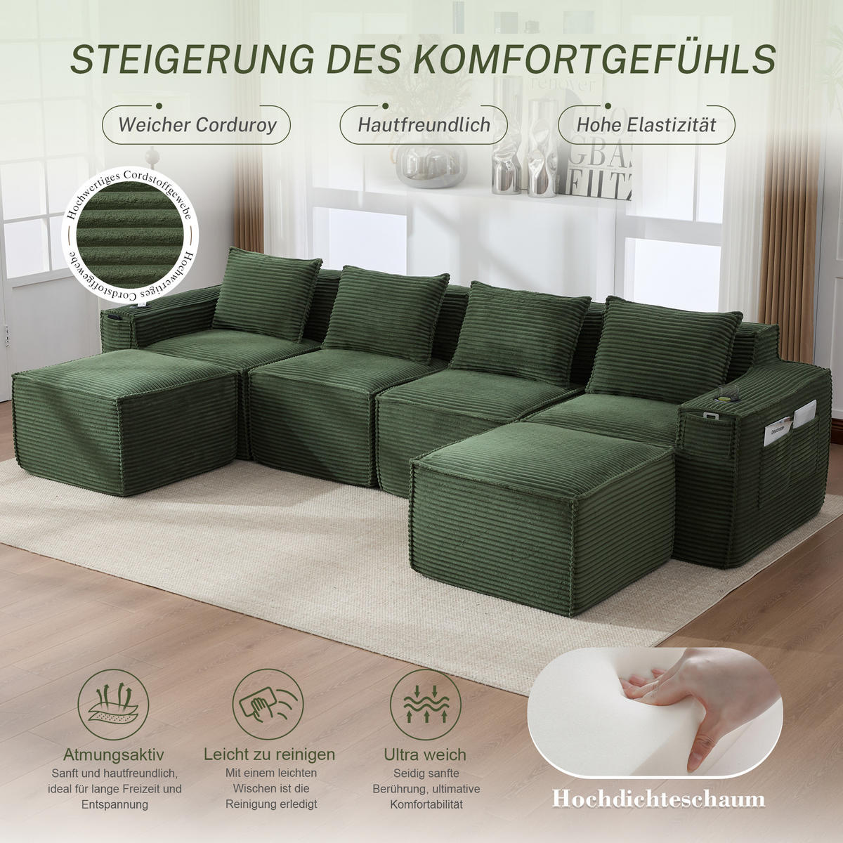 WOHNLANDSCHAFT 330/162/75 cm Grün mit 2 Fußhocker, Getränkehalter und Seitentaschen - Grün, Textil (330/75/162cm) - Oxeza