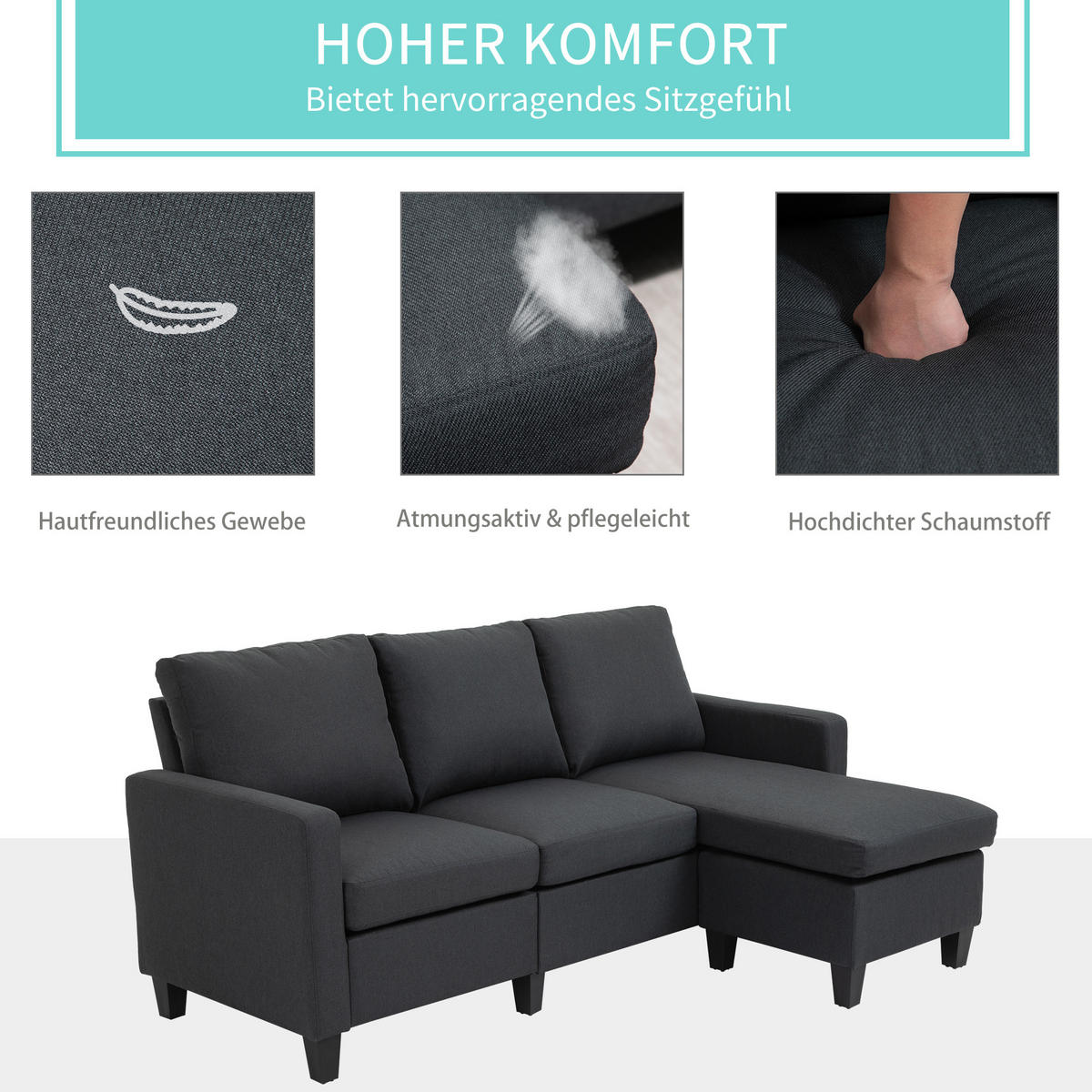 ECKSOFA L-Form Couchgarnitur mit wendbarer Chaiselongue Leinen - Dunkelgrau/Schwarz, Kunststoff/Textil (139/197cm) - HOMCOM