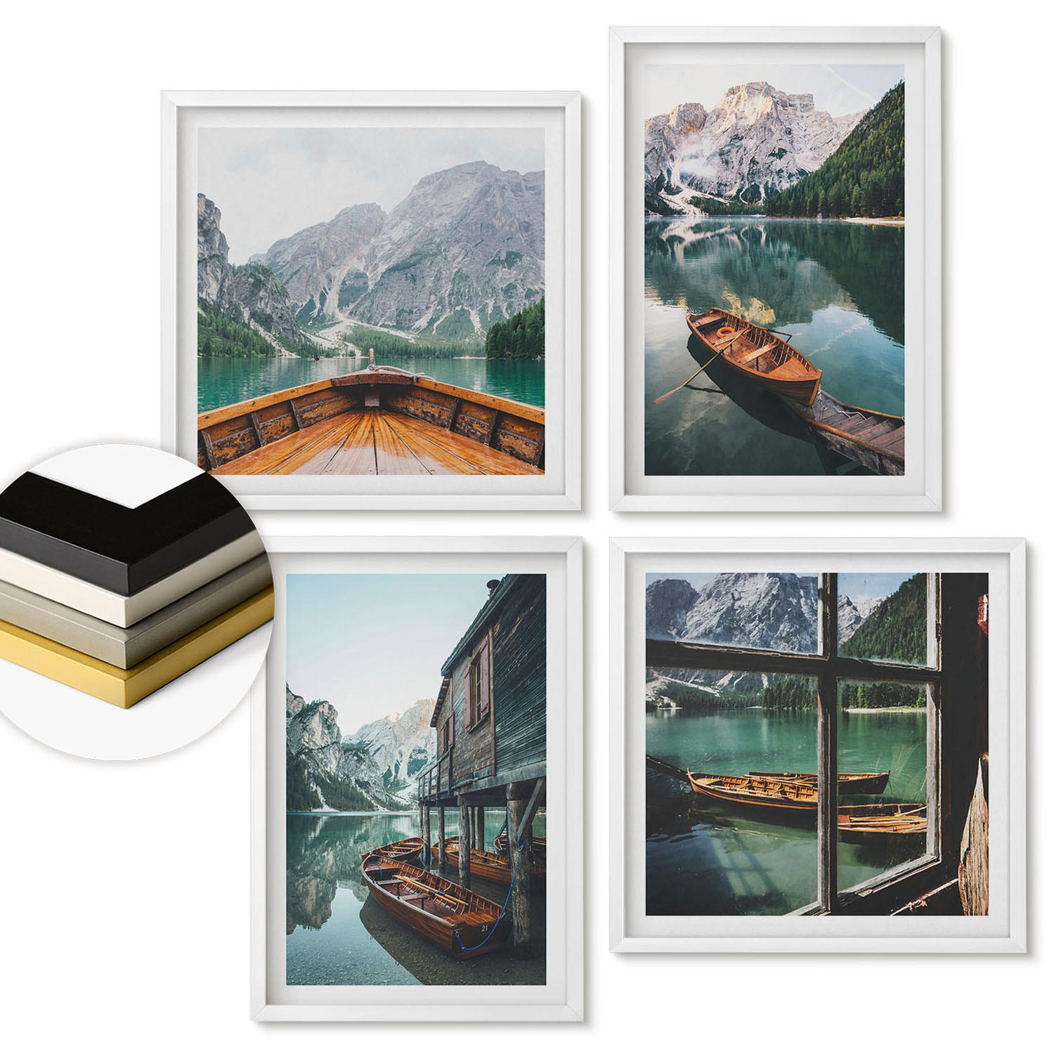 WANDBILDER 4er-Set - 50x50 cm & 40x60 cm Weißer Rahmen - Haus am Bergsee Łódź - Weiß, Kunststoff (50/50cm) - ArtPrintCave