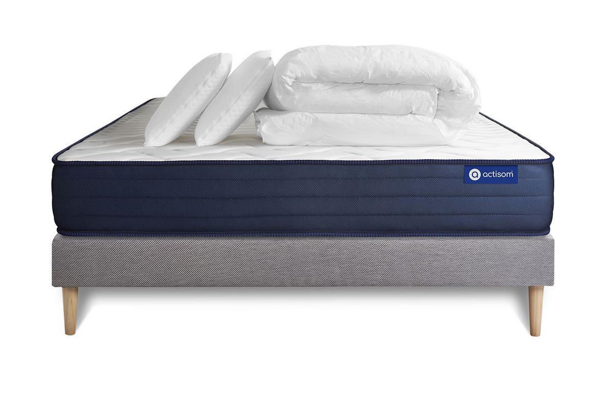 BETT Actiflex life Taschenfederkern und Memory-Schaum 180 x 200 cm h4 - Kit Bettgestell Grau - Mit Kissen und Bettdecke - Beige/Grau, Holz/Textil (180/200cm) - ACTISOM