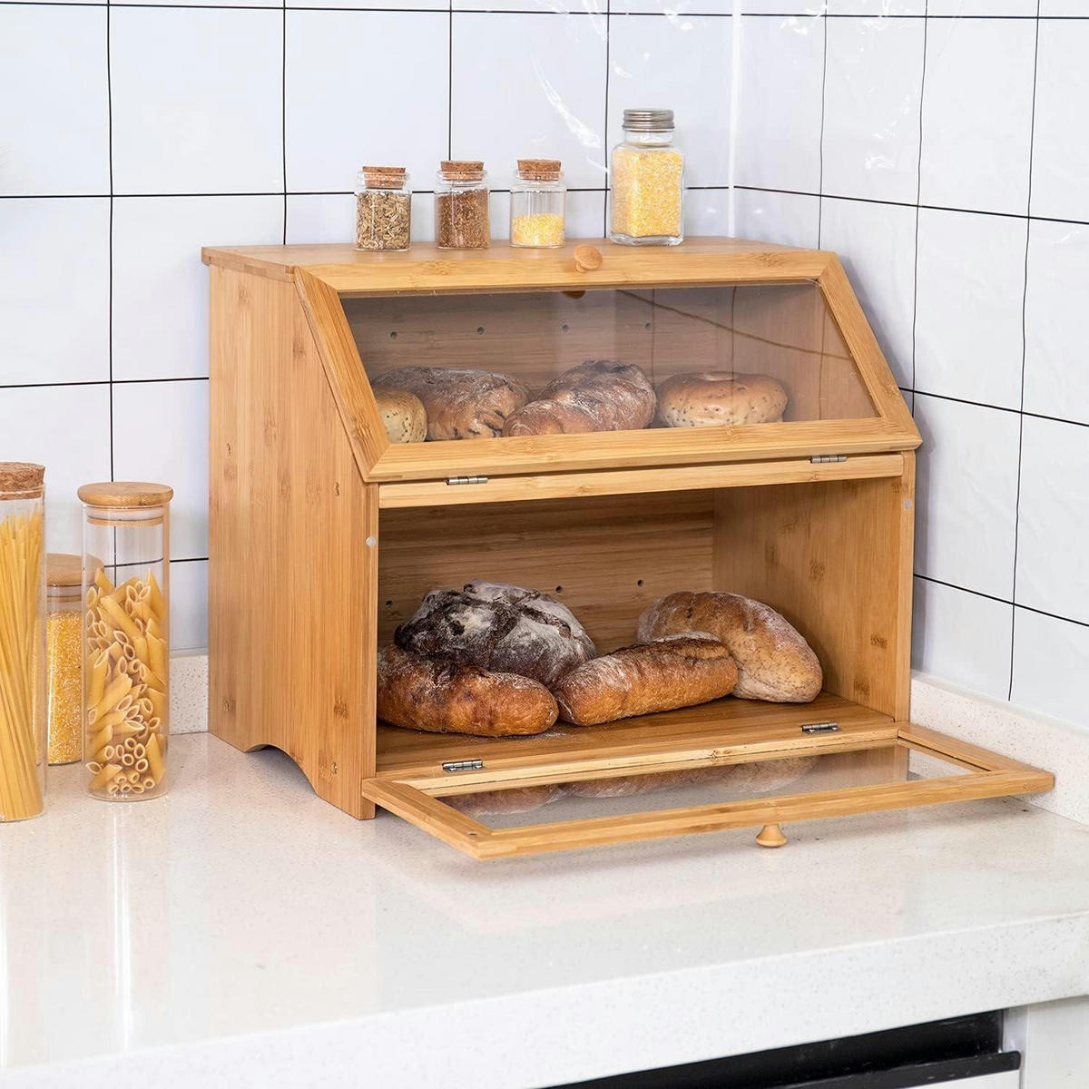 BROTKASTEN Bambus 2 Etagen 39x25x32cm - Hellbraun, Naturmaterialien (25/32/39cm)