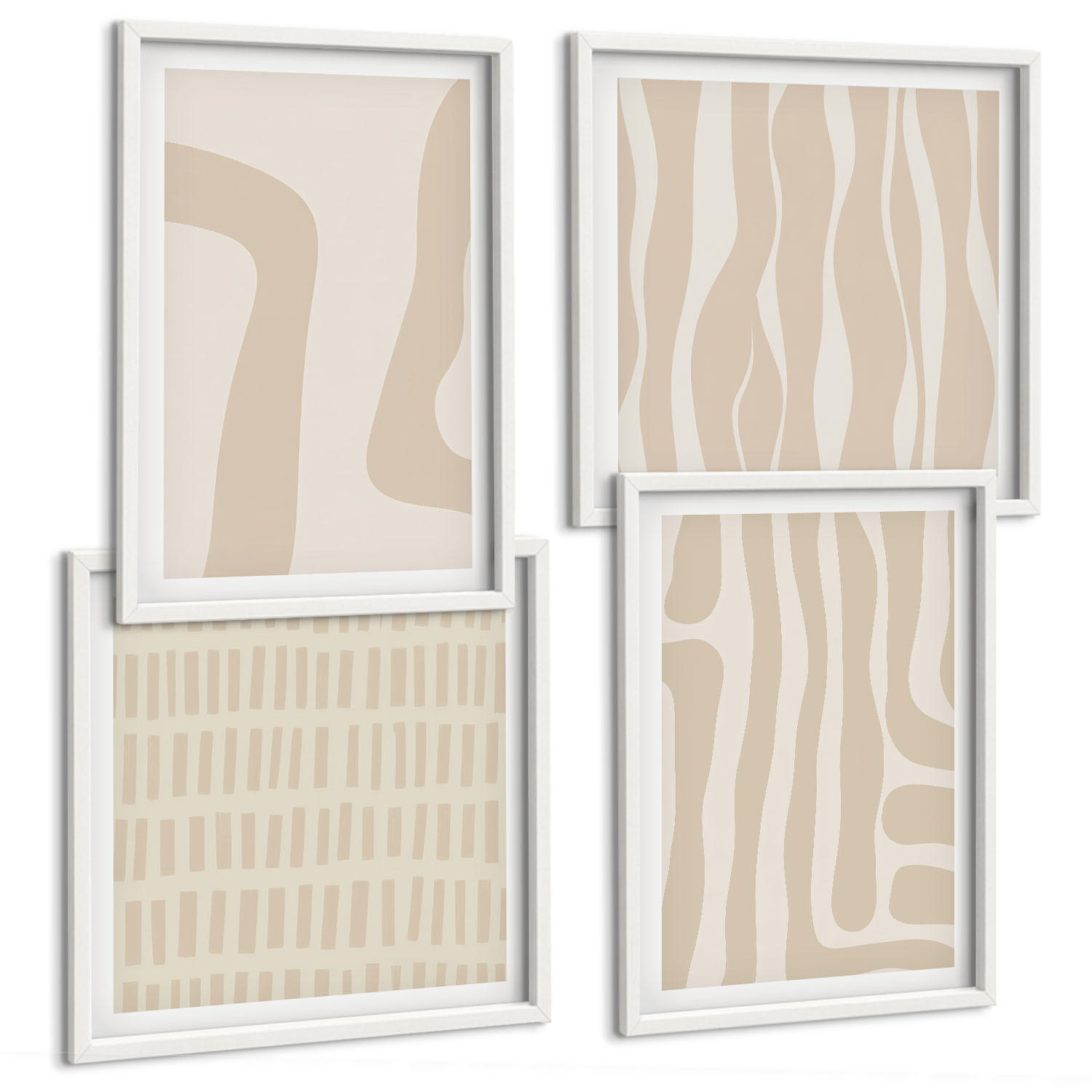 BILDER SET 4er Set - 50x50 cm & 40x60 cm Weißer Rahmen - Abstrakte Boho-Musterformen - Weiß, Kunststoff (50/50cm) - TULUP