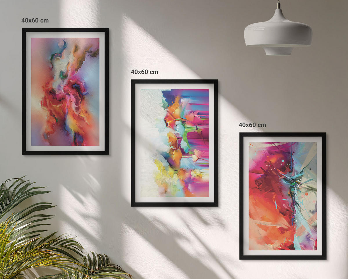 BILDER SET 3er Set - 40x60 cm Schwarzer Rahmen - Farbenfrohe Abstraktionen der Form - Schwarz, Kunststoff (40/60cm) - TULUP