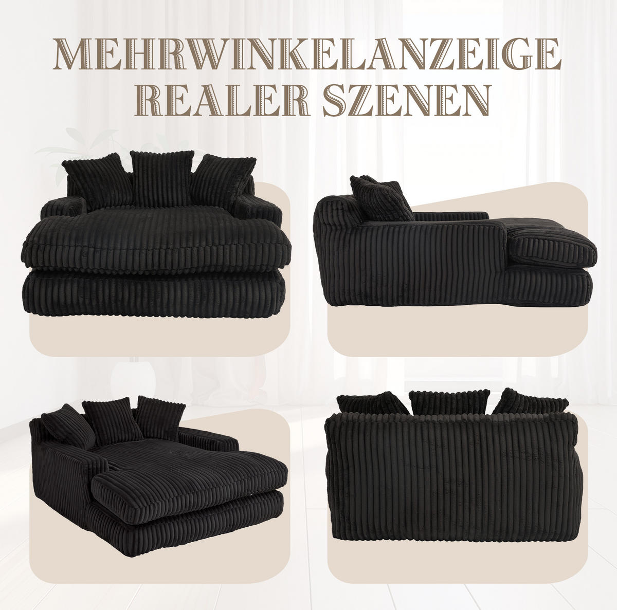 BIGSOFA Chaiselongue Cord mit 3 Kissen bodennah und ohne Montage 125/155/63 cm Schwarz - Schwarz, Textil (63/125/155cm) - Redom