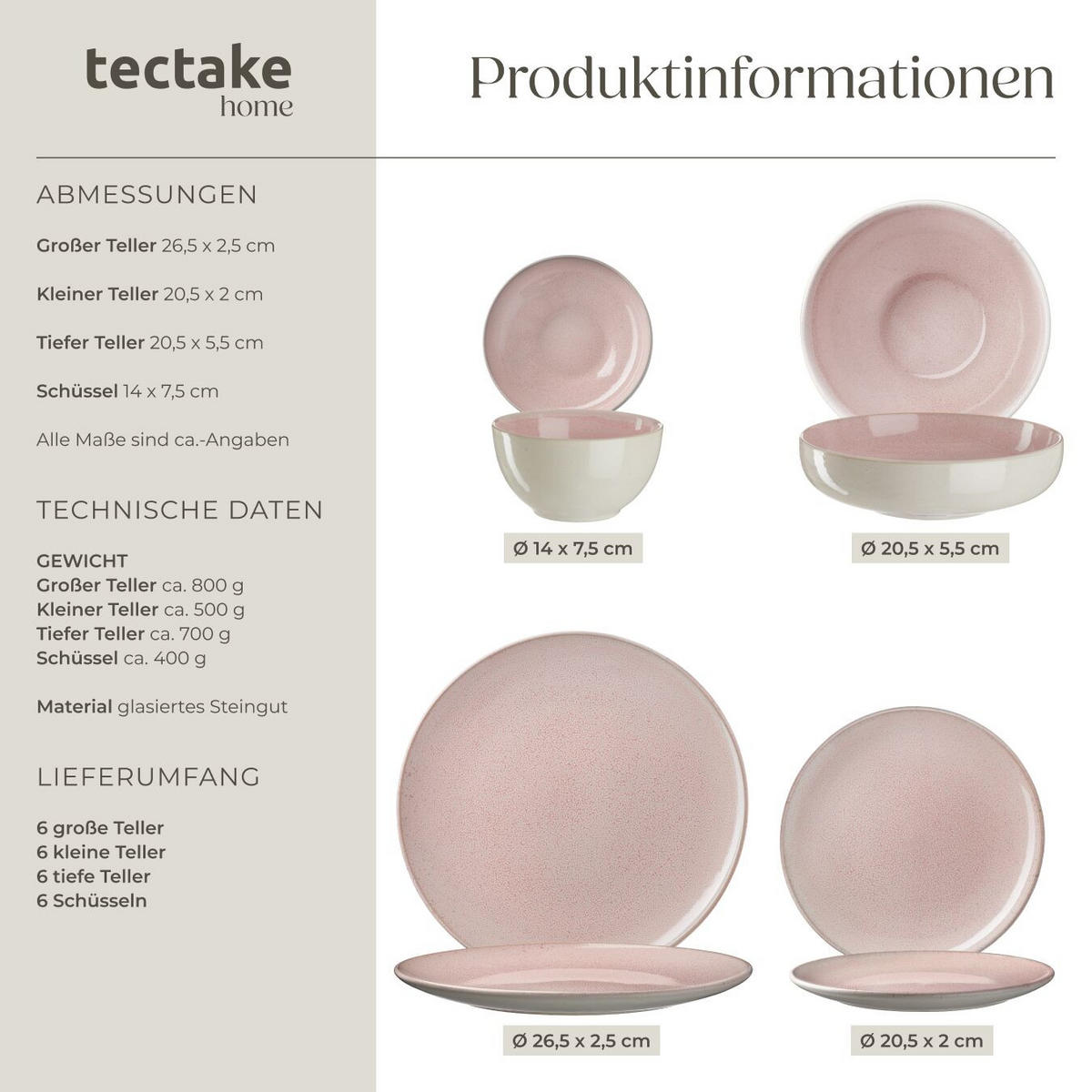 TAFELSERVICE Mare, ineinander stapelbar, rosa - Rosa, Keramik (26.5/2.5/26.5cm) - tectake