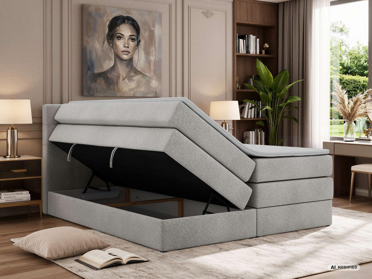 BOXSPRINGBETT SOLVEN KING 160/200 - Hellgrau Stukture - Topper T25 - H3 - Hellgrau/Schwarz, Kunststoff/Textil (160/200cm) - MKS