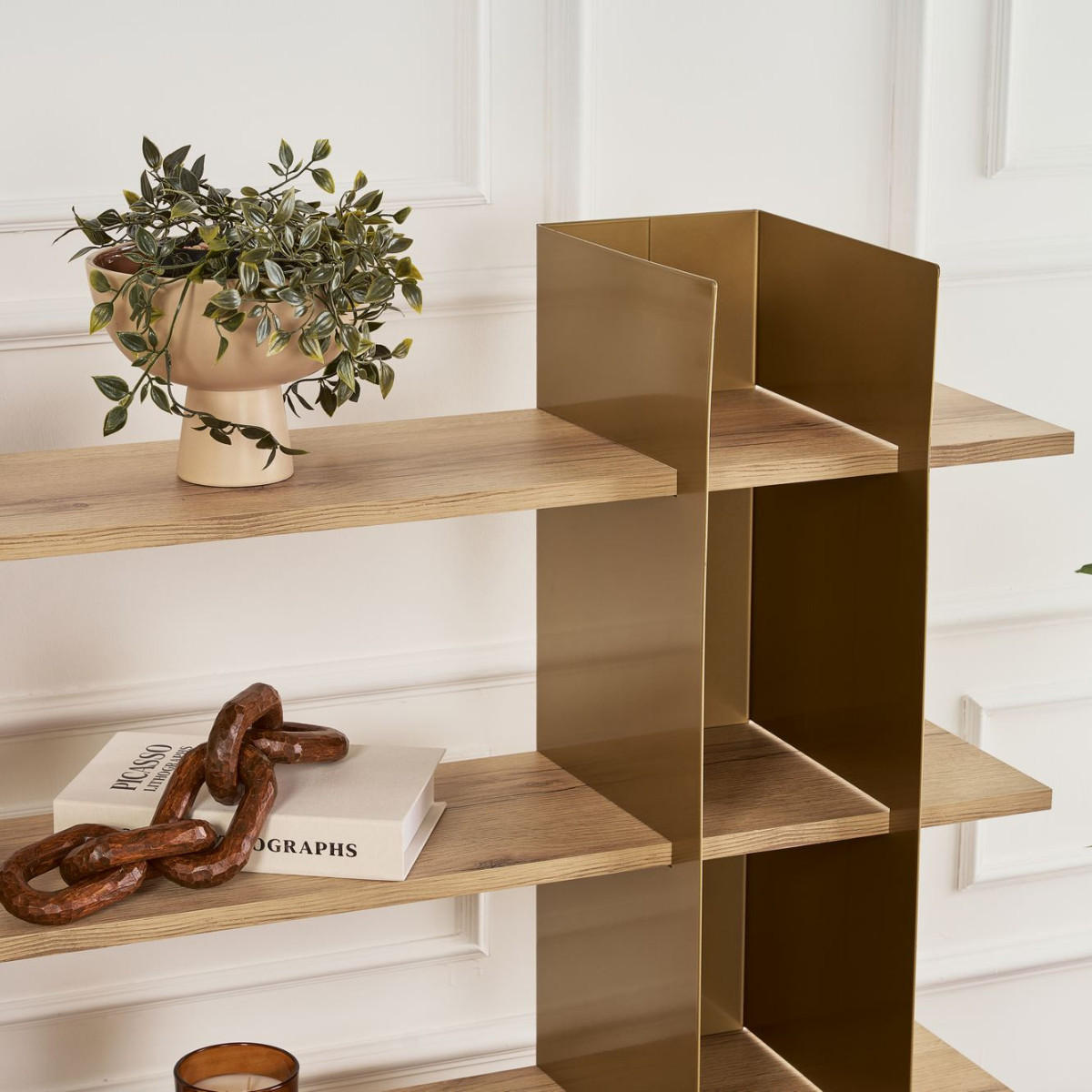 REGAL mit metallstruktur und regalböden in eichenoptik 31/120/120 cm - Goldfarben, Metall (124/120/31cm) - Calicosy