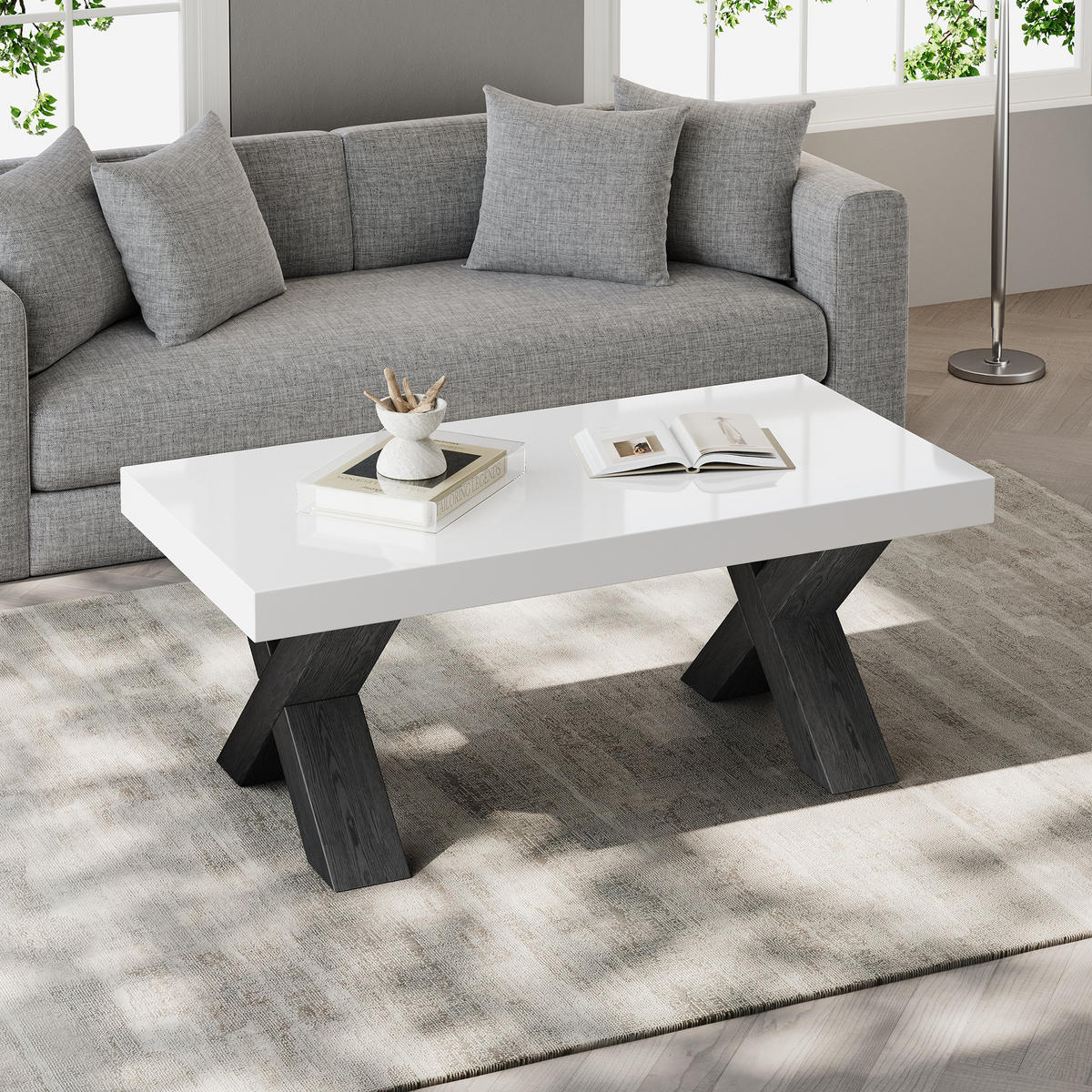 COUCHTISCH Schwarz‑weiß mit X‑förmigen Stützbeinen und Hochglanz‑Tischplatte 100 × 50 × 40 cm - Weiß, Holzwerkstoff (50/100/40cm) - Luhomfu