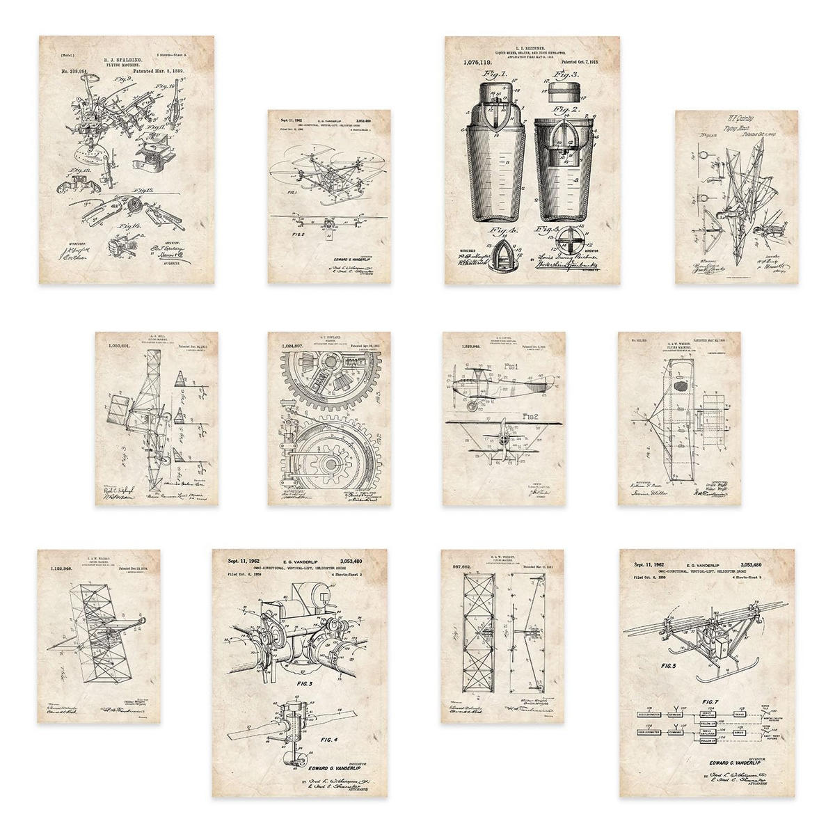POSTER Set Mit 12 Flugmaschinen-Patentdruck A3 Rahmenlos - Klar, Papier (29.7/5/42cm) - Nacnic
