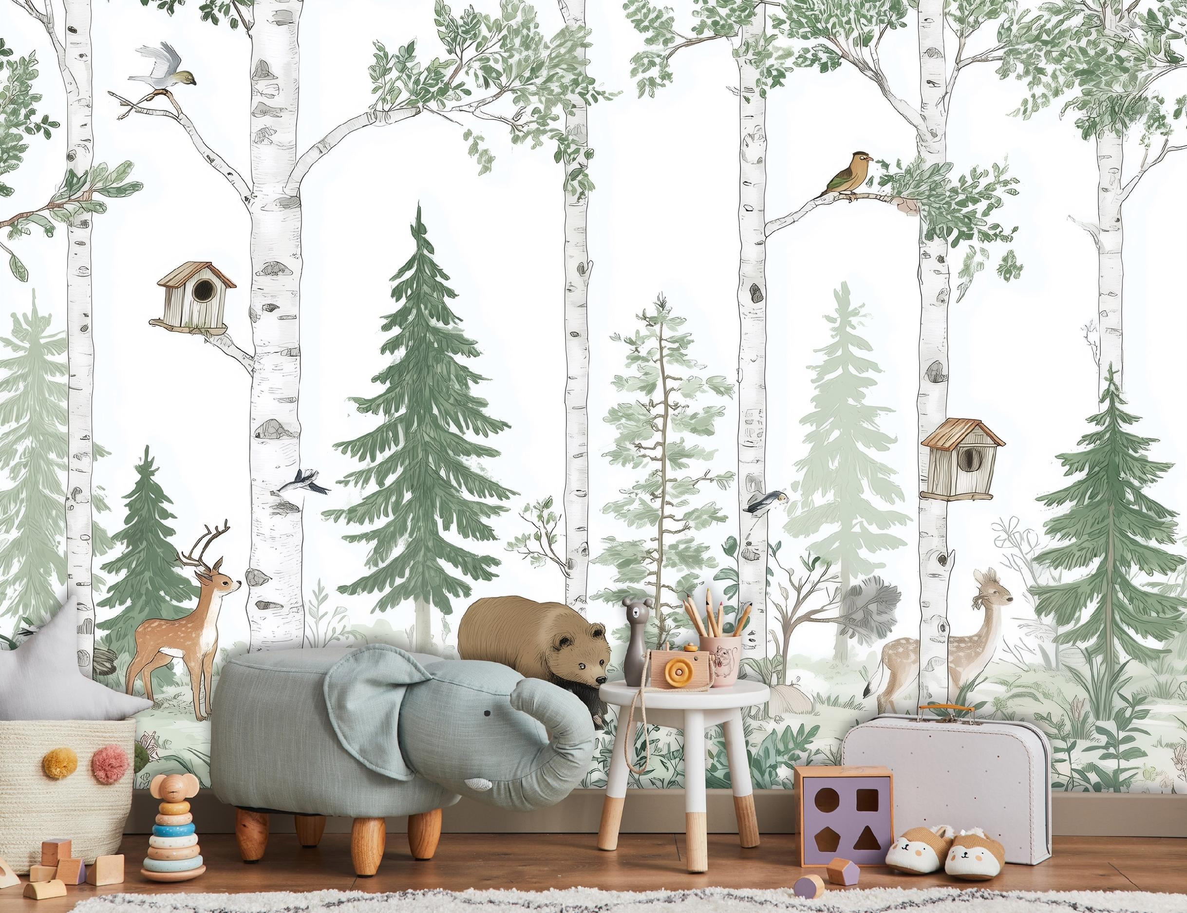 FOTOTAPETE Wald Tiere Grün 350x250 cm - Multicolor, Papier (350/250cm) - Wallarena