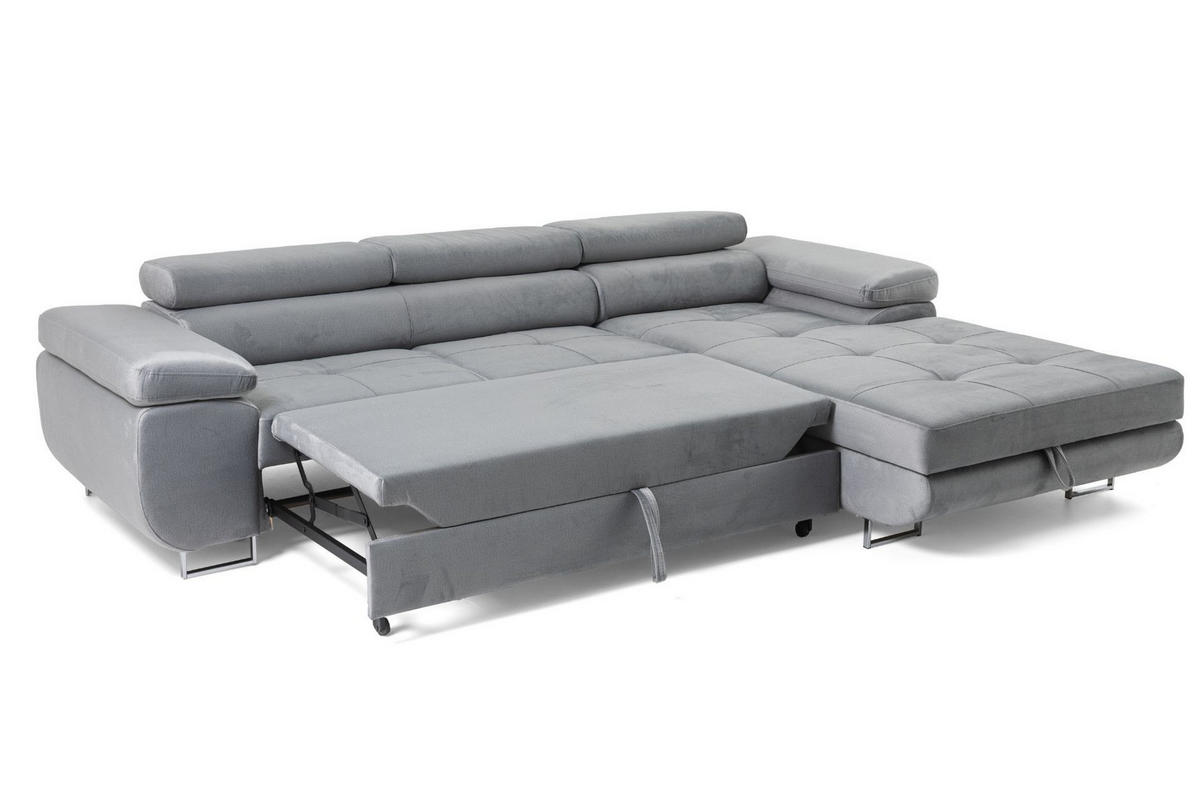 ECKSOFA ALONZO L Rechts mit Schlaffunktion 125x195 Velours Hellgrau - Silberfarben/Hellgrau, Holz/Textil (203/275cm) - Muffo