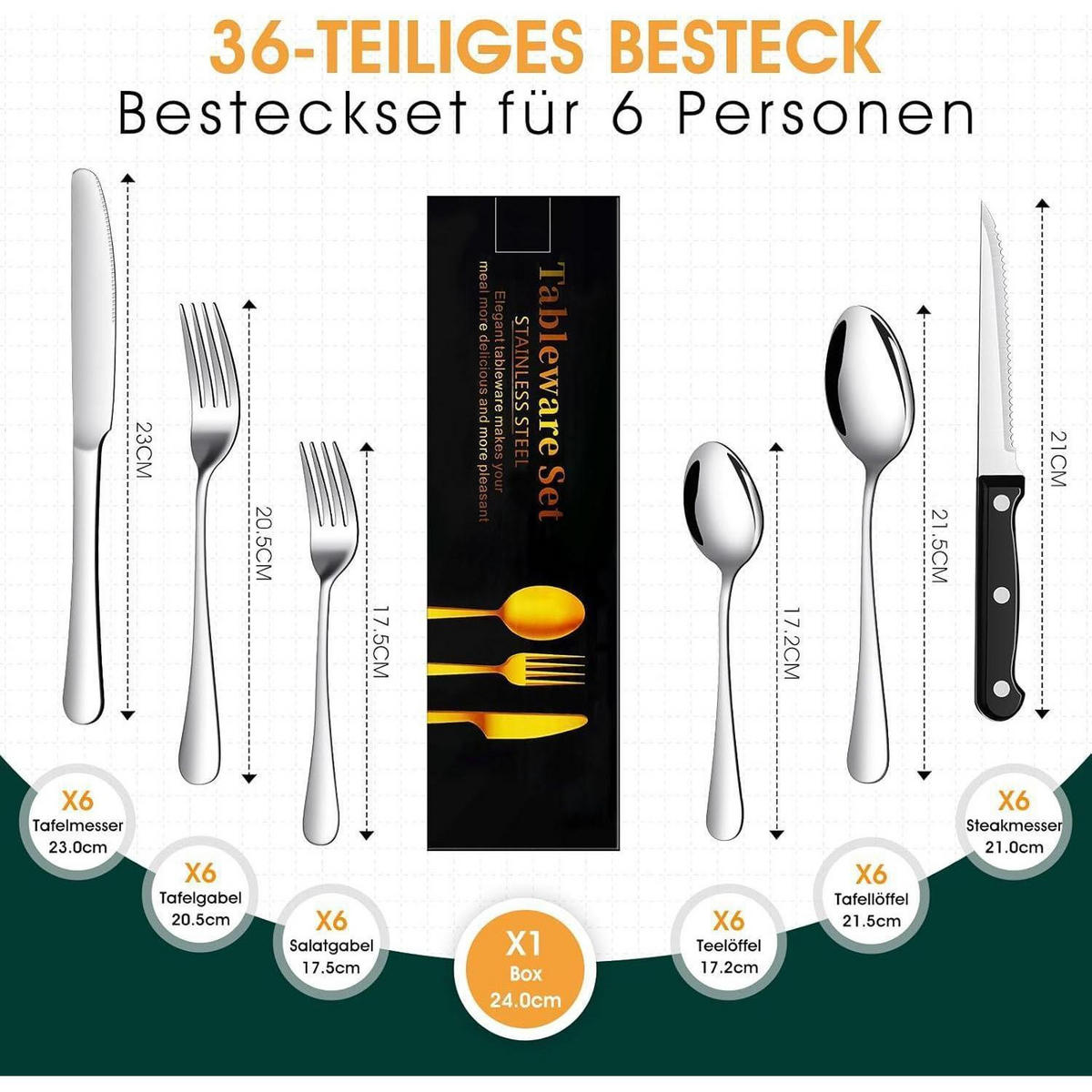 BESTECKSET 36-teilig für 6 Personen Edelstahl Silber - Silberfarben, Metall