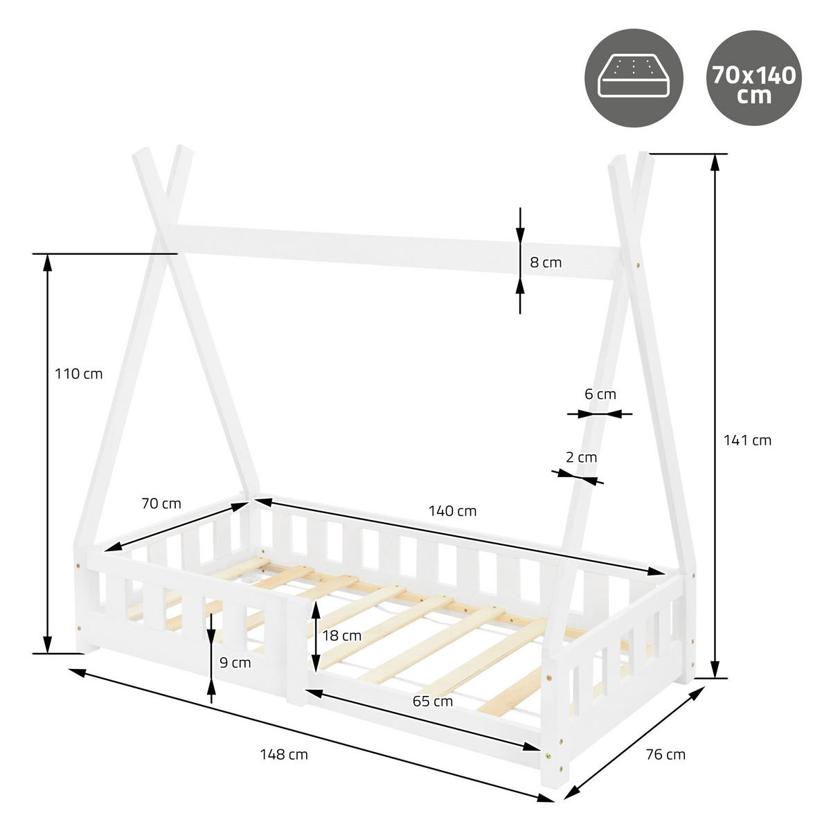KINDERBETT Tipi 70x140 cm Weiß - Weiß, Holz (70/140cm) - ML-DESIGN