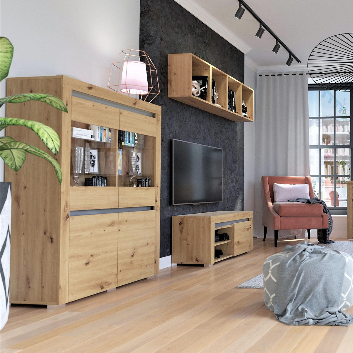 VITRÍNA Kasla Dřevo a antracitově šedá - šedá, kompozitní dřevo (106/139/39cm) - Petits-meubles