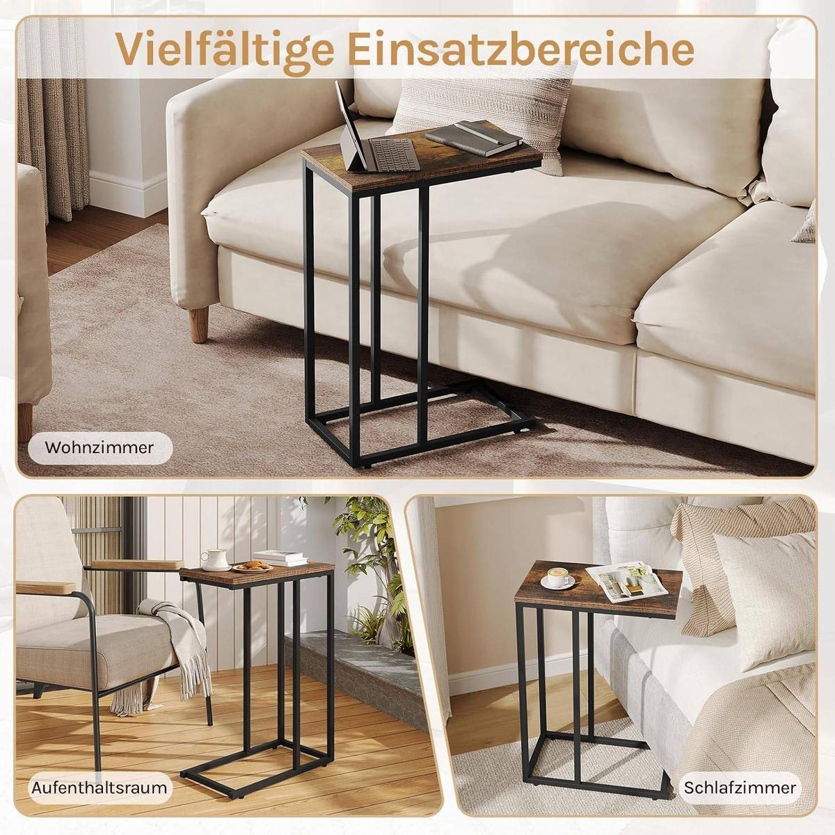 BEISTELLTISCH, Couchtisch C Form, 45 x 63,5 x 25 cm - Schwarz/Braun, Holzwerkstoff/Metall (25/45/63.5cm) - Woltu