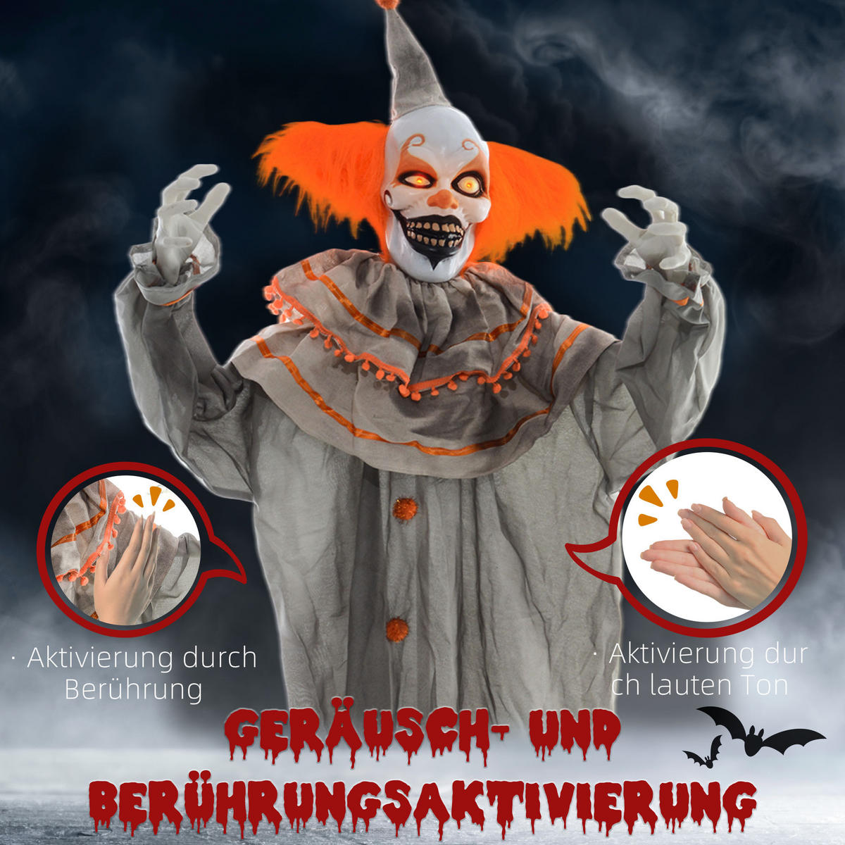 HALLOWEEN DECORATIONS Dekoration Clown, Soundfunktion, Orange+Grau, 183cm - Orange, Kunststoff/Metall (65/183/18cm) - HOMCOM