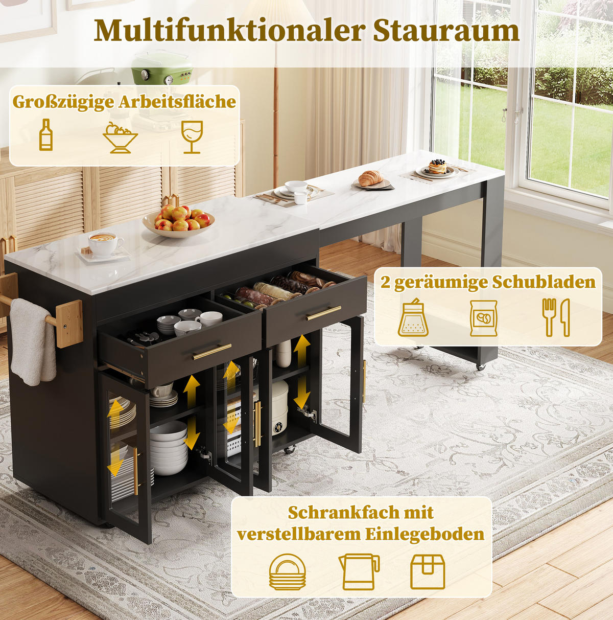 KÜCHENINSEL ausziehbar 132,5-217 x 50 x 93 cm MDF Black 3-tlg. - Schwarz, Holz (50/93/217cm) - Beauniv