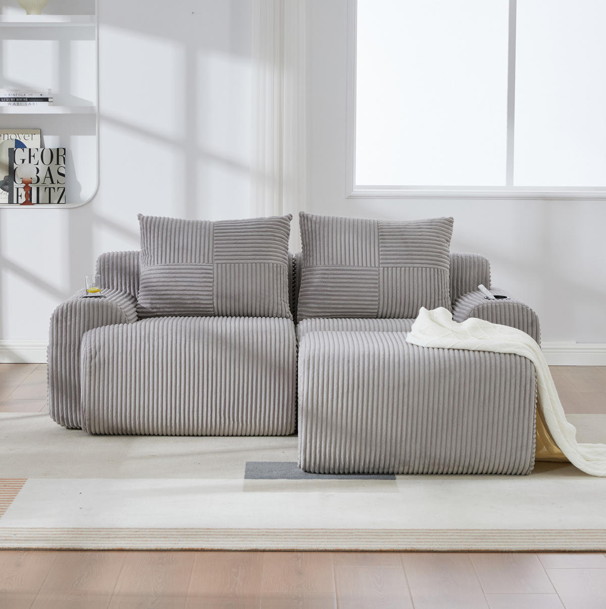 2-SITZER-SOFA aus Cord 200x174x80 cm in Hellgrau mit Cupholder & Seitentasche - Hellgrau, Textil (174/80/200cm) - Modfu
