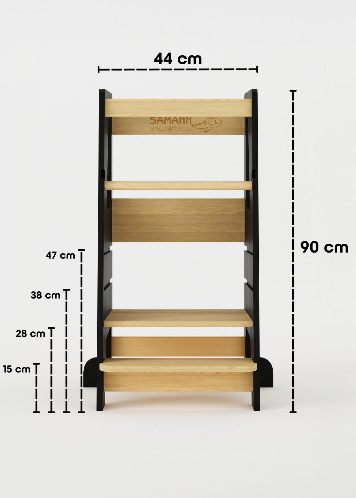 LERNTURM Steppy Höhenverstellbar Montessori Kippschutz schwarz/natur - Schwarz/Naturfarben, Holzwerkstoff (44/90/44cm) - Sämann – make a difference.