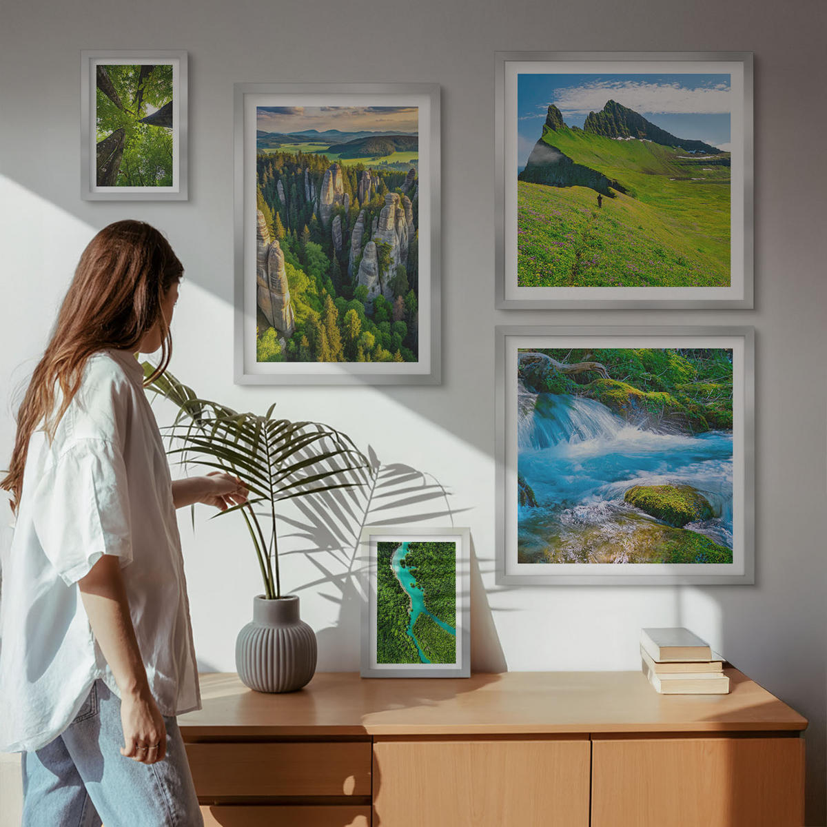WANDBILDER 5er Set - 50x50 cm & 20x30 cm & 40x60 cm Silberner Rahmen - Wasserfälle grüner Wald Wasser - Silberfarben, Kunststoff (40/60cm) - ArtPrintCave