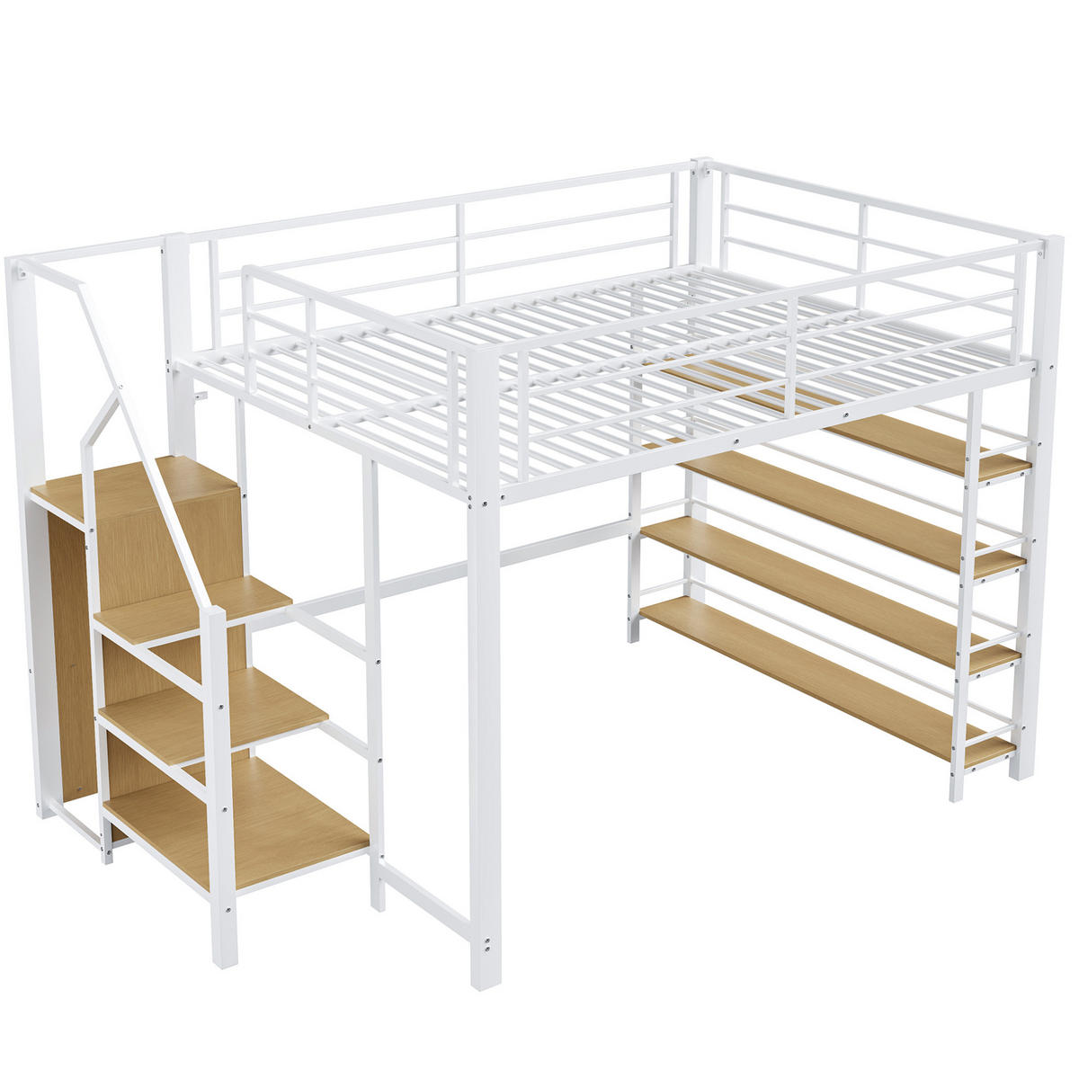 VYSOKÁ posteľ 140/200 cm biela z kovu s úložnými schodmi a malou skriňou - biela, kompozitné drevo (140/200cm) - OKWISH