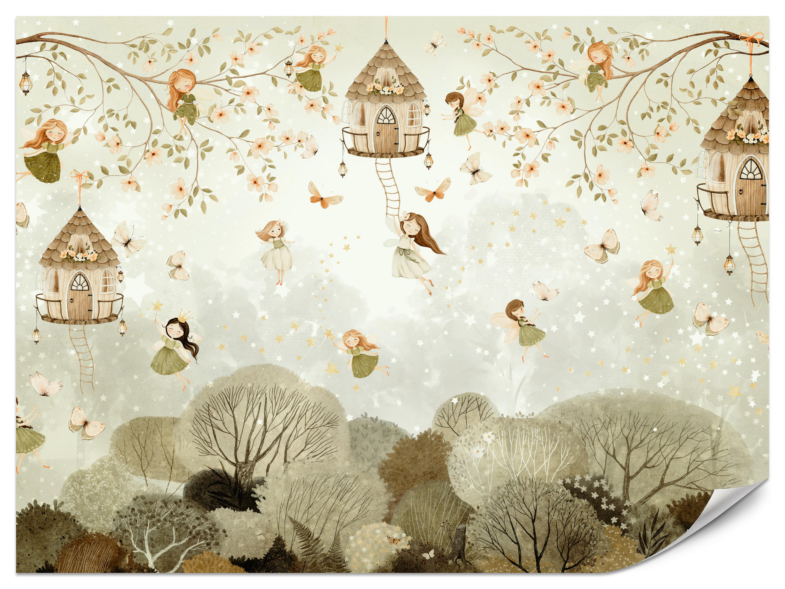 FOTOTAPETE für Kinderzimmer Waldfeen Blumen Sterne Schmetterlinge Baum 400x280 - Beige/Orange, Papier (400/280cm) - Muralo