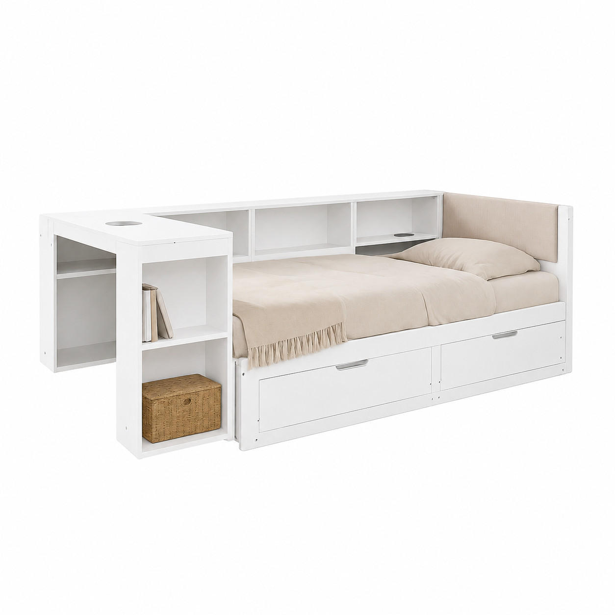BETTANLAGE 90/200 cm in Mattweiß mit Schreibtisch, Schubladen und Steckdose - Weiß, Holzwerkstoff/Metall (90/200cm) - WISHDOR