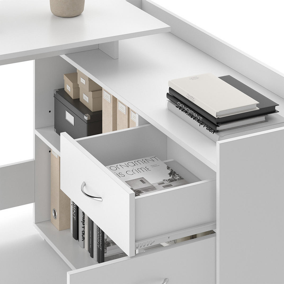 ECKSCHREIBTISCH Noira Weiß 135 x 77 cm mit Schublade - Weiß, Holzwerkstoff (77/135/115cm) - Vicco