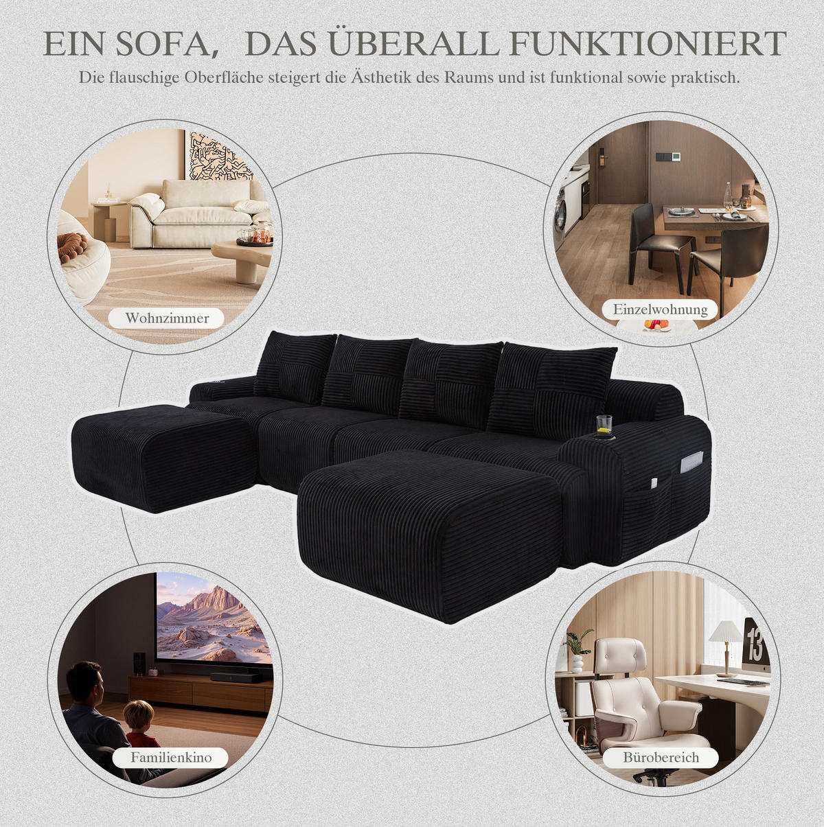 WOHNLANDSCHAFT 4-Sitzer mit 2 Hockern Getränkehalter und Seitentasche 333/174/80 cm Schwarz - Schwarz, Textil (174/80/333cm) - Redom