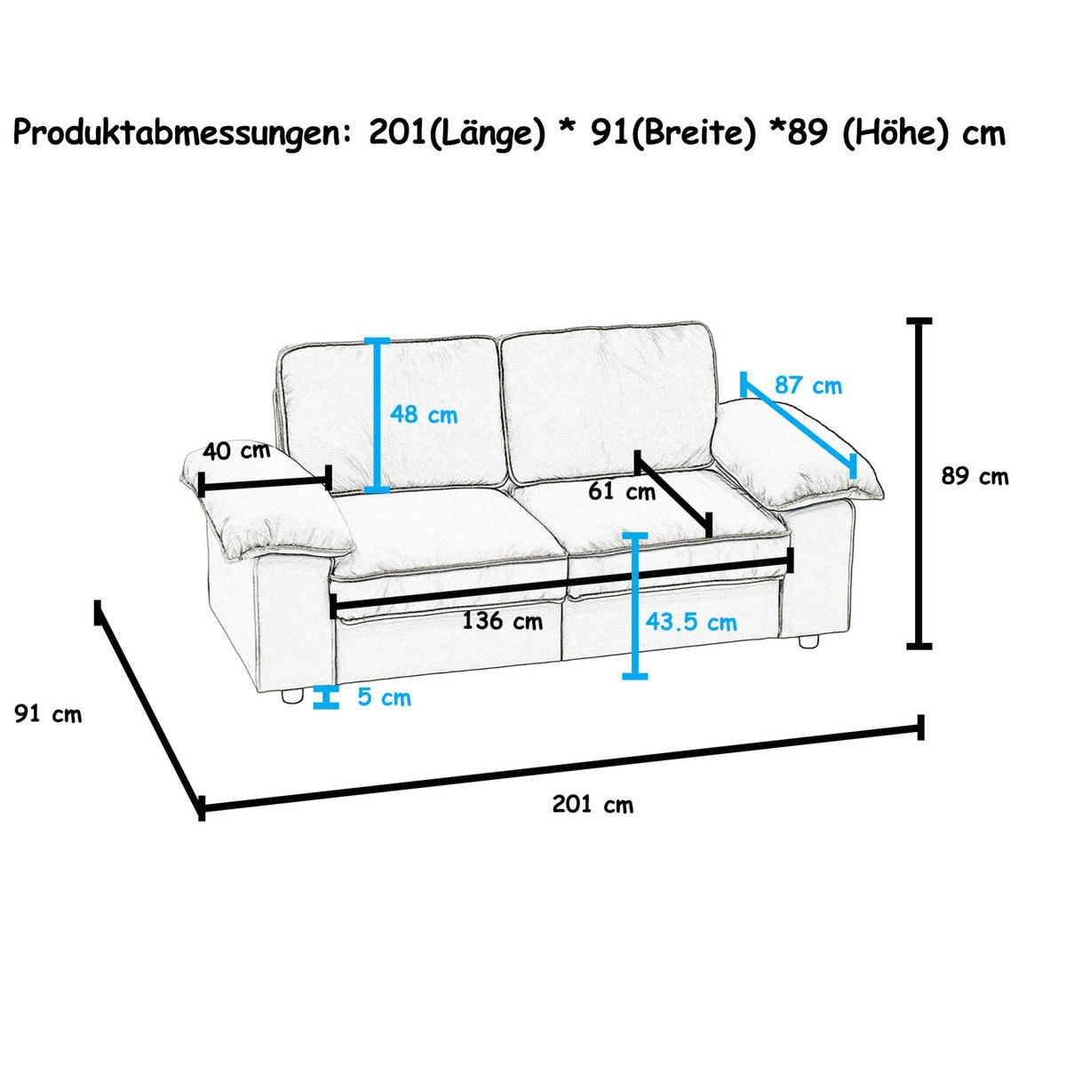 SOFA mit Stauraum Kurzplüsch-Polyester Bezug und Taschenfederkern 201/91/89 cm Creme - Creme, Textil (91/89/201cm) - Redom