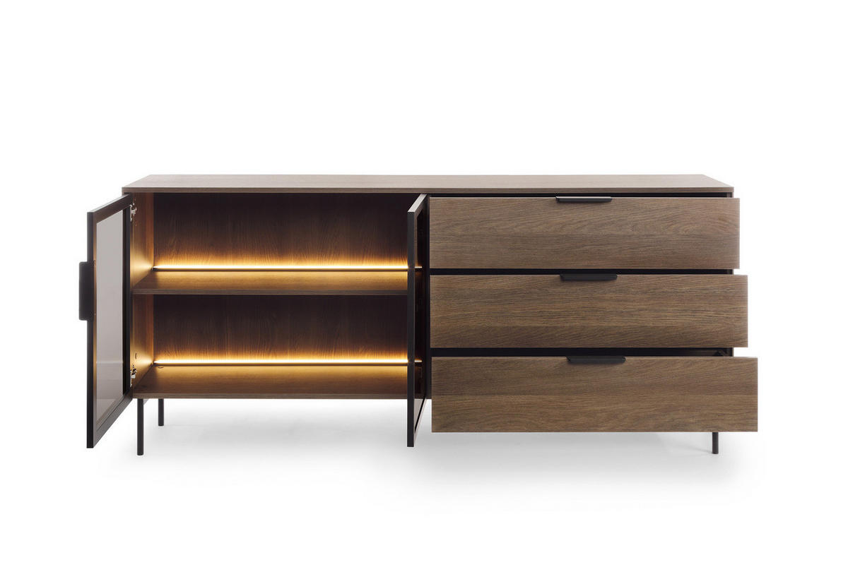 SIDEBOARD LUMI 181 cm Eiche Dunin - mit 2 Glastüren (links) und 3 Schubladen (rechts) - Eichefarben/Schwarz, Holz/Holzwerkstoff (181/83/39cm) - Ravio