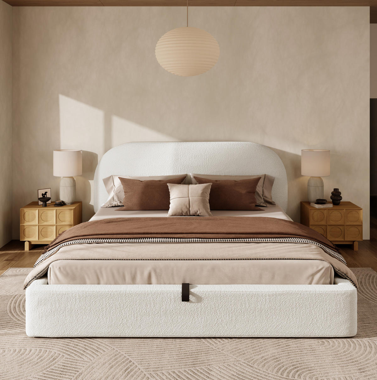 BETT mit Stauraum 160x200 cm Bouclé Beige - Beige, Metall (160/200cm) - Meubliv