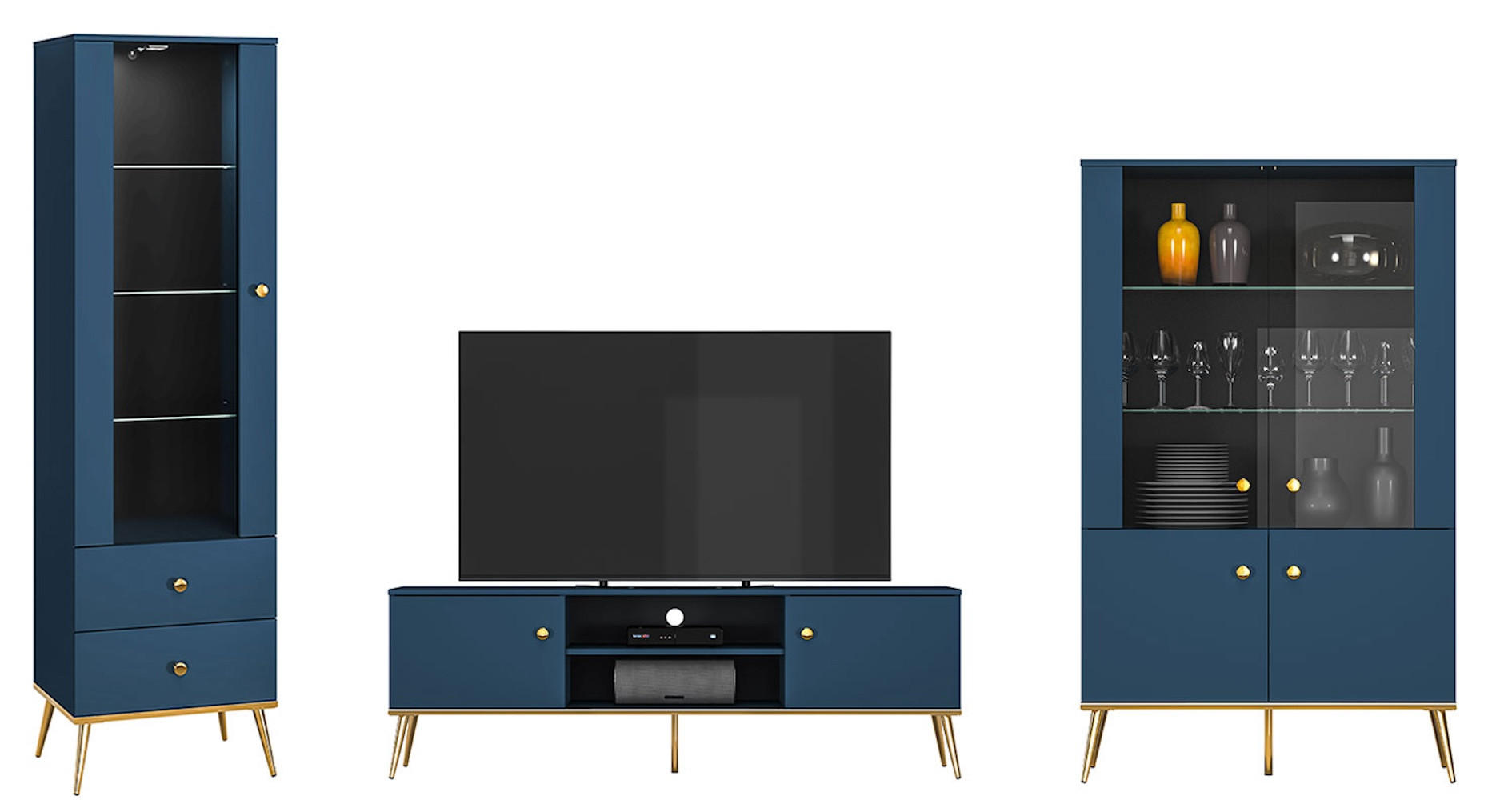 WOHNWAND Marine dunkelblau / gold 307 / 40 / 190cm 3-teilig - Blau/Dunkelblau, Holz/Holzwerkstoff (307/190/40cm) - Feldmann-Wohnen
