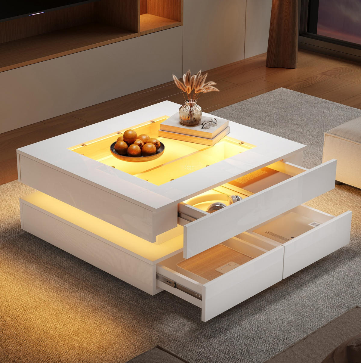 COUCHTISCH mit LED 70 x 70 x 35 cm Glas Weiß mit 3 Schubladen - Weiß, Glas (70/70/35cm) - Meubliv