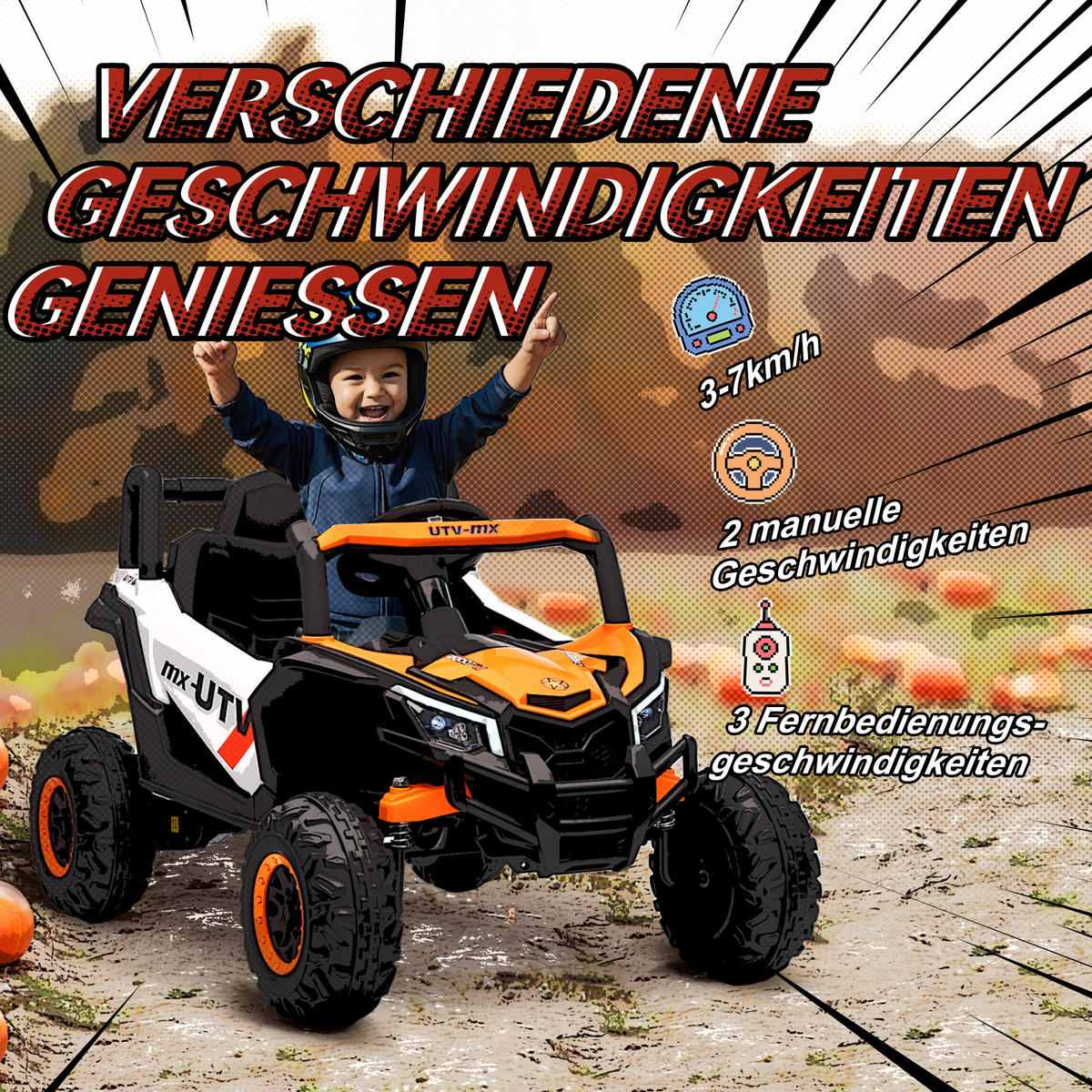 KINDER-ELEKTROAUTO 12V Kinderauto UTV mit 2,4 GHz Fernbedienung, Softstart - Orange, Kunststoff (96/61/56cm) - AIYAPLAY