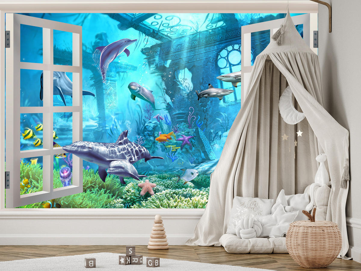 FOTOTAPETE für Schlafzimmer Fenster Unterwasserwelt Delfine Riff 300x210 - Blau/Weiß, Papier (300/210cm) - Muralo