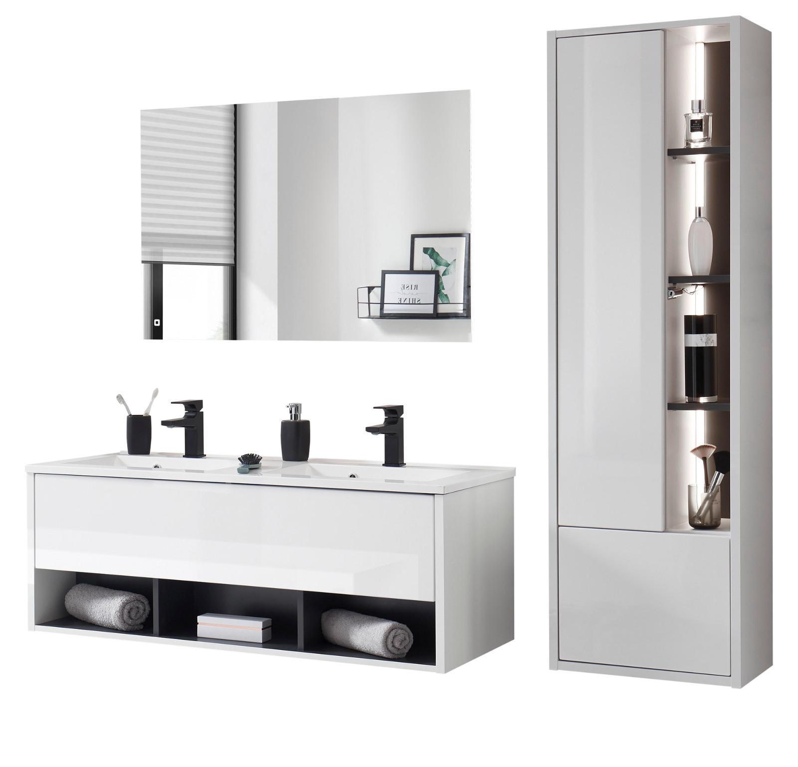 BADMÖBEL-SET weiß Hochglanz, grau, Badezimmerschränke mit Doppelwaschbecken und LED Beleuchtung - Weiß Hochglanz/Grau, Glas/Holzwerkstoff (175/190/47cm) - Furn.Design