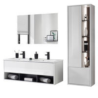 BADMÖBEL-SET weiß Hochglanz, grau, Badezimmerschränke mit Doppelwaschbecken und LED Beleuchtung - Weiß Hochglanz/Grau, Glas/Holzwerkstoff (175/190/47cm) - Furn.Design