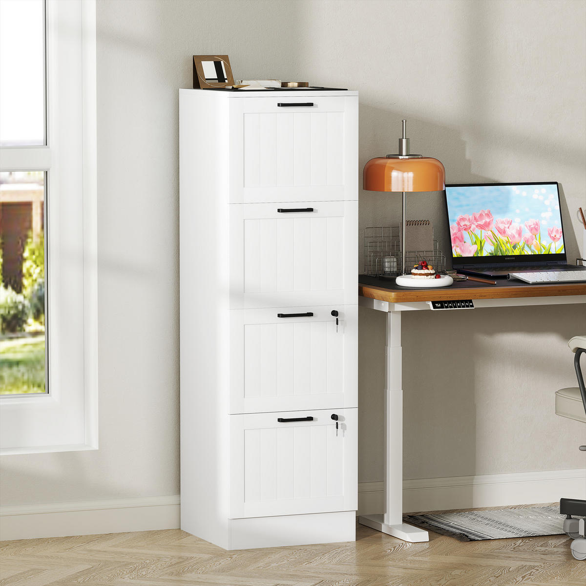 AKTENSCHRANK DE-14477 4 abschließbare Schubladen mit Hängeakten Weiß - Weiß, Holzwerkstoff (40/131/40cm) - ComfortXL