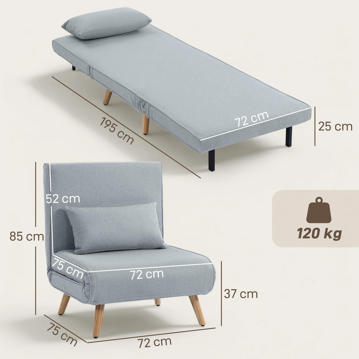 SCHLAFSESSEL 3-in-1 DE-14659 5-stufig verstellbar mit Kissen Grau - Grau, Textil (72/85/75cm) - ComfortXL