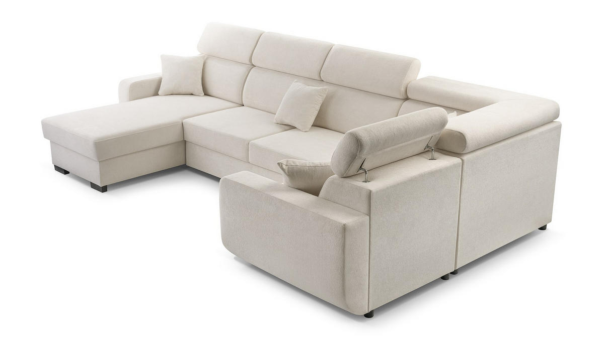 WOHNLANDSCHAFT CASTELLO Beige Plüsch-Stoff mit Schlaffunktion - Beige, Holz (337/97/184cm) - MASSENO