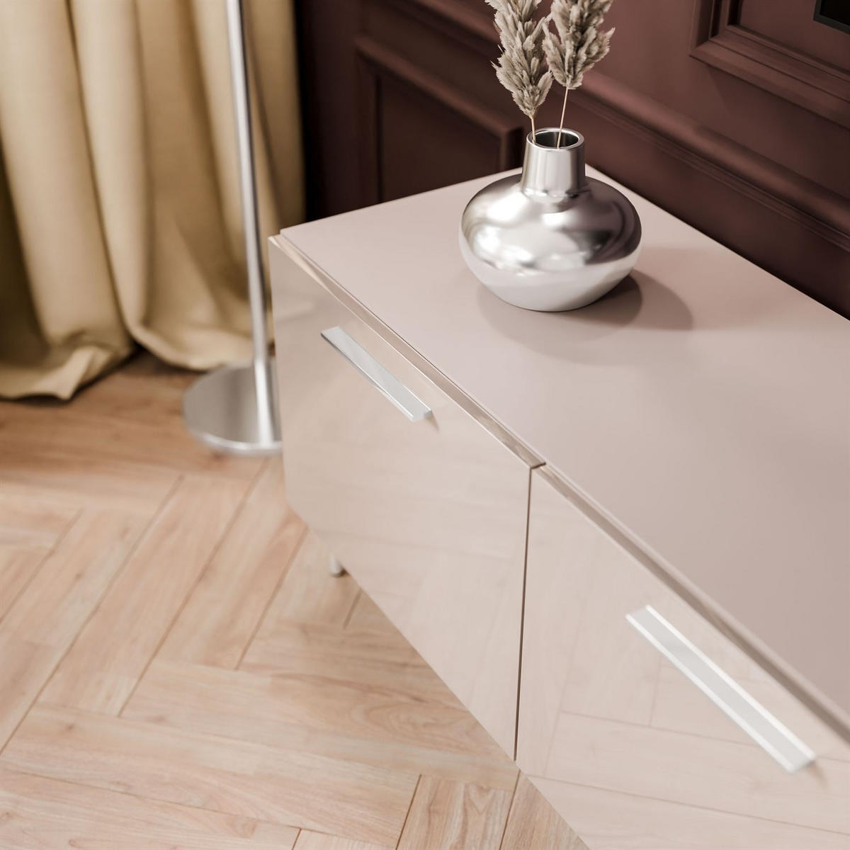 TV-ELEMENT AURA 200 KASCHMIR Hochglanz auf geraden silbernen Beinen - Kaschmir/Silberfarben, Holzwerkstoff (200/50/40cm) - Lookway