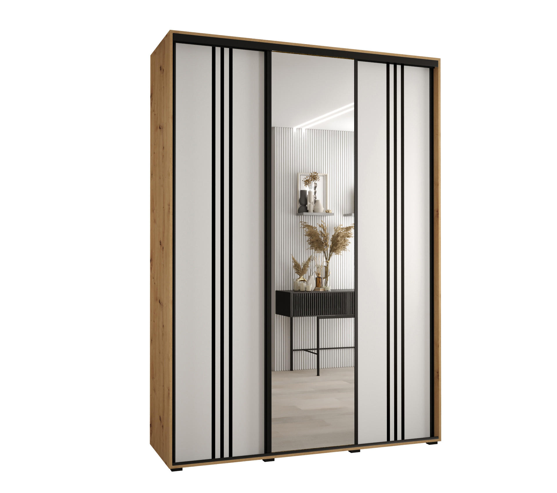 Abiks Möbel Schwebetürenschrank Eiche Artisan, Weiß, Schwarz 180x235x60 cm