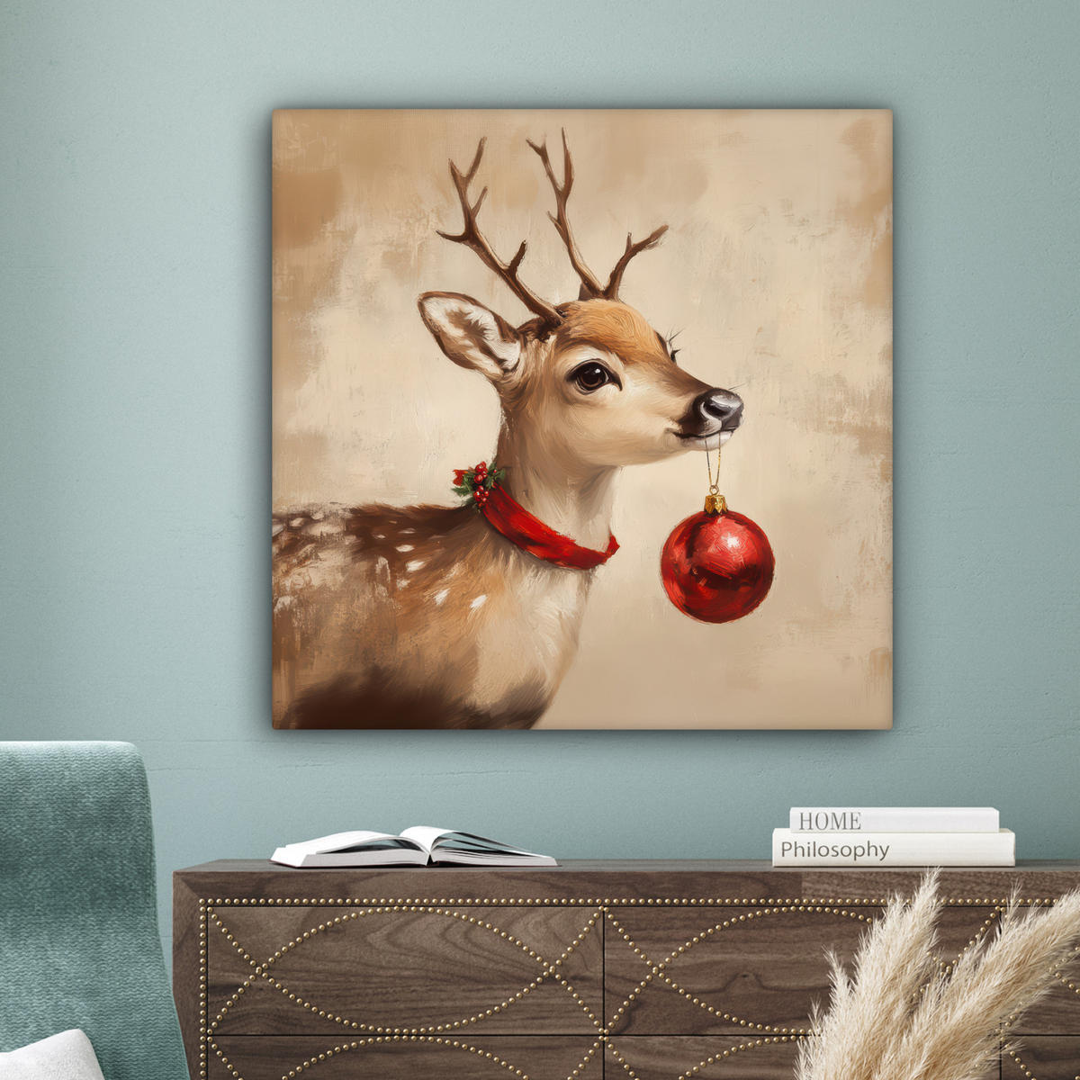 LEINWANDBILD Weihnachten - Hirsch - Geweih - Weihnachtskugel - Rentier Deko Groß 90x90 cm - Hellbraun, Textil (90/90cm) - MuchoWow