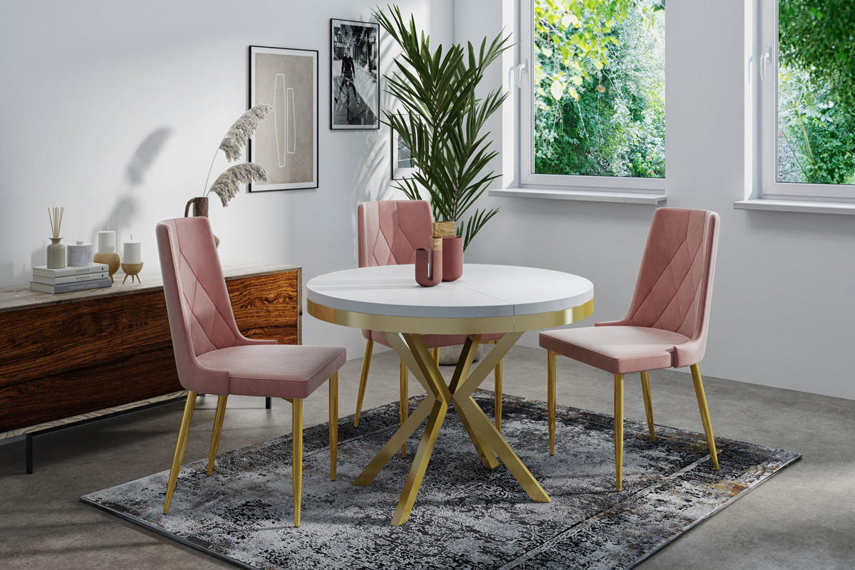 ESSTISCH Dina runder ausziehbarer, Weiß 120-200/100/76 cm - Goldfarben/Weiß, Holzwerkstoff/Metall (120/200/76cm) - WFL GROUP
